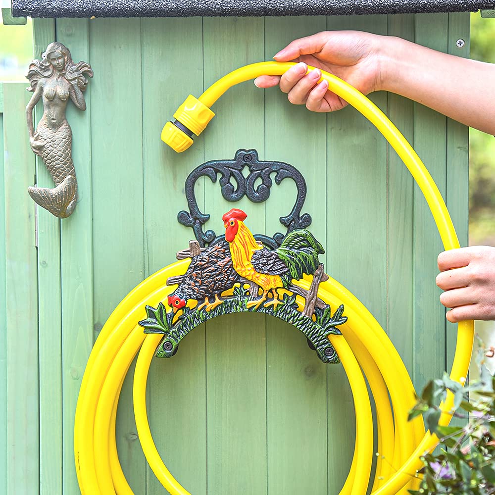 Heavy Duty Cast Iron Wall Mount Garden Hose Holder - Outdoor Water Hose Reel Hanger for Yard, Balcony & Garage - Durable Water Pipe Storage Rack with Rustproof Coating (Color: Cock) - Perfect for Organizing Garden Tools, Watering Plants & Storing Hoses Neatly