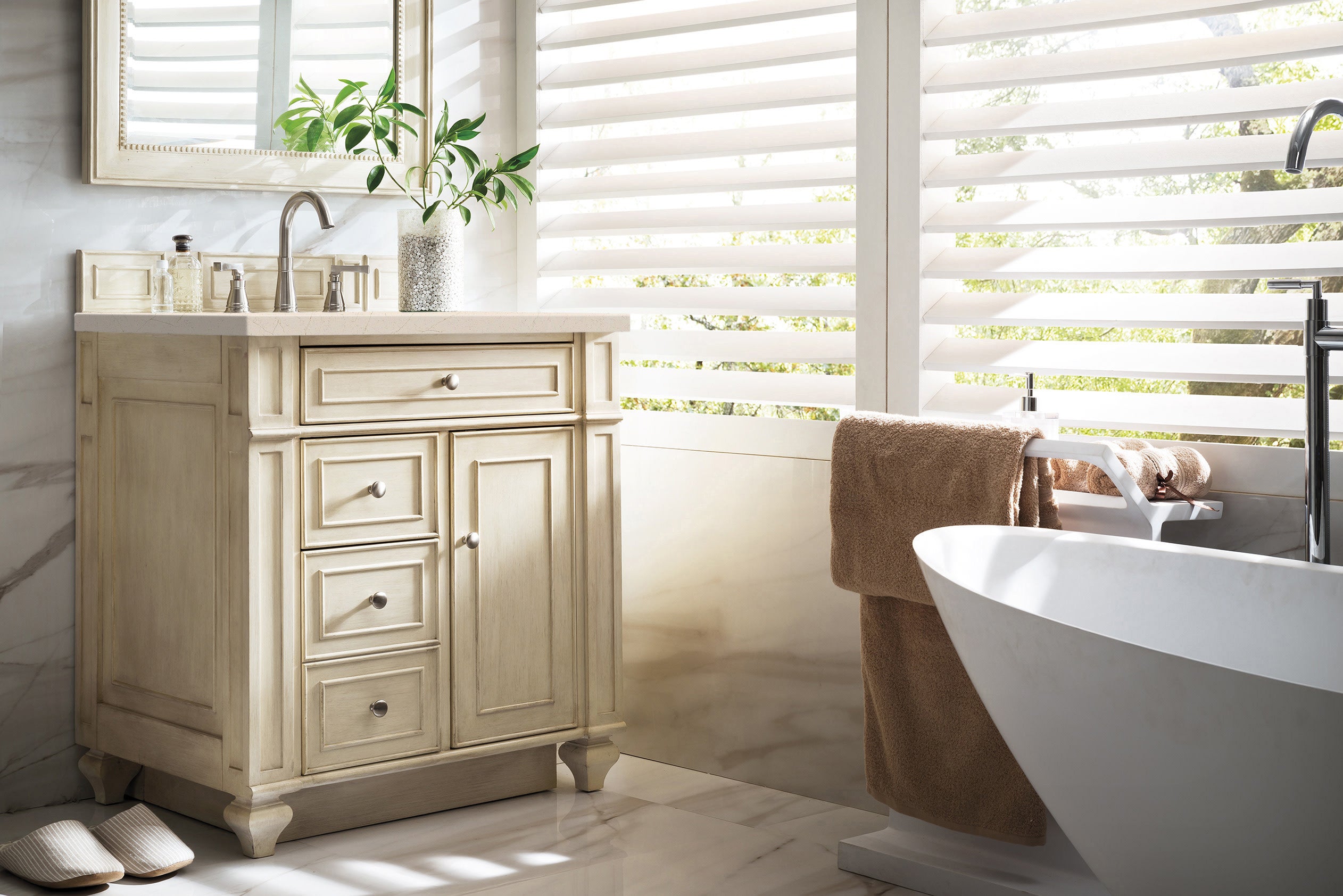 Bristol 30-Inch Single Bathroom Vanity Set in Vintage Vanilla with 3CM Eternal Marfil Quartz Countertop | Modern Farmhouse Sink Cabinet for Small Bathrooms & Powder Rooms