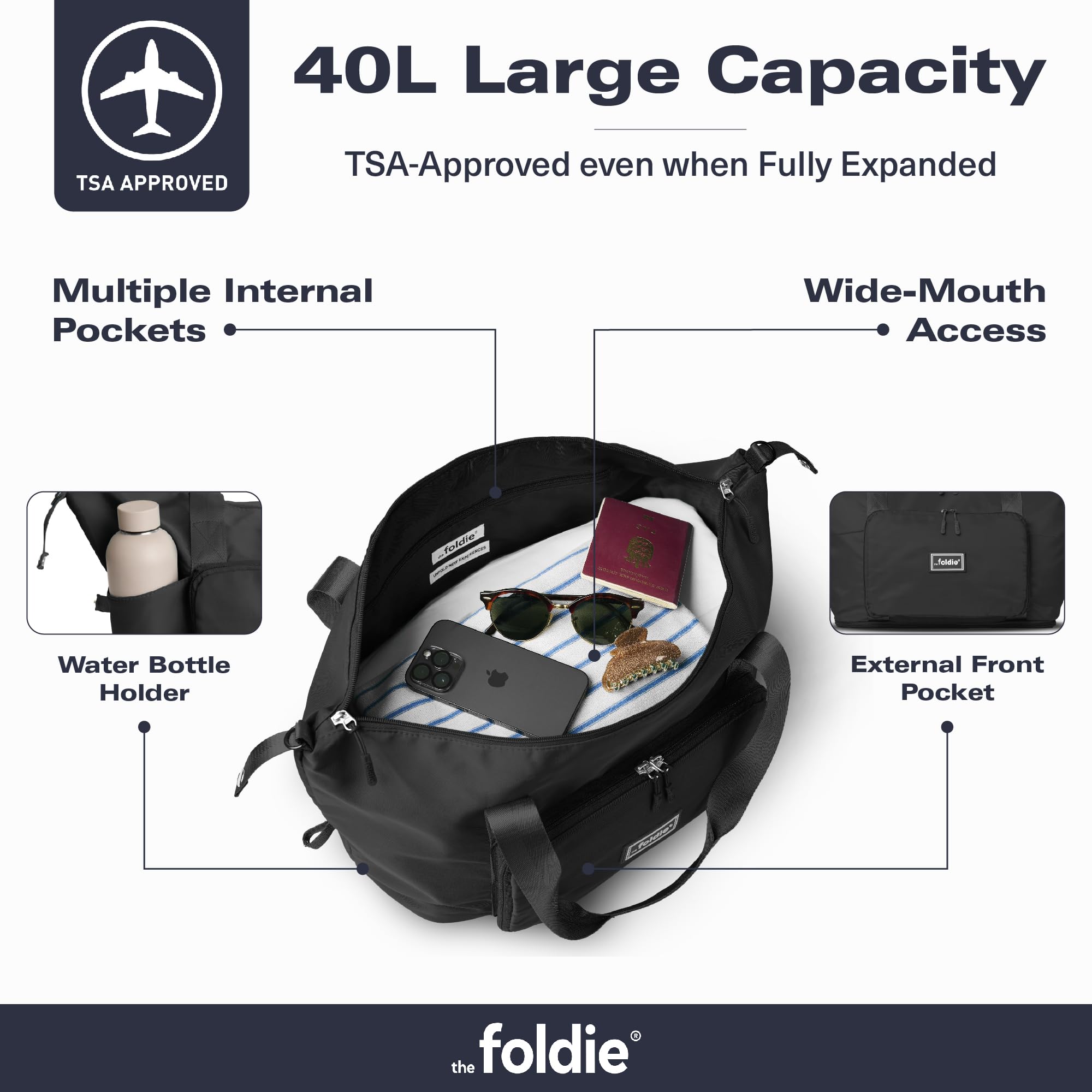 The Foldie® Foldable Travel Tote Bag for Women - Lightweight Weekender Bag with Pockets, Perfect for Gym, Beach & Airplane Carry-On | Compact & Water-Resistant Travel Accessory