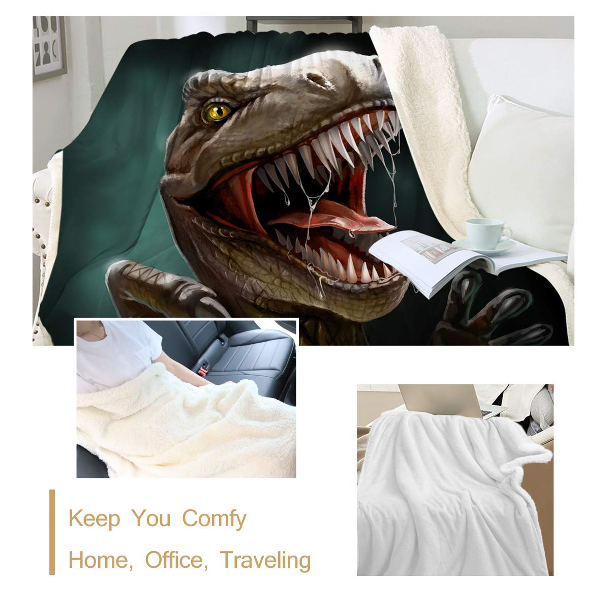 Sleepwish Sherpa Reversible Throw Blanket - Super Soft & Plush Dinosaur Blanket for Boys (T-Rex Teeth, Twin 60