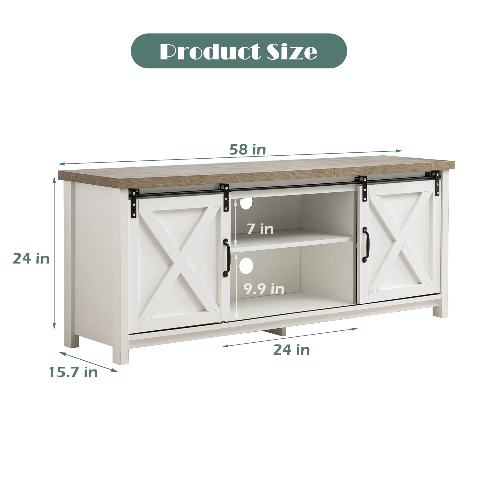 Modern Farmhouse TV Stand with Sliding Barn Doors - 65 Inch Rustic Media Console with 2-Tier Storage Cabinets - Antique White Entertainment Center for Living Room & Bedroom - Perfect for Farmhouse Decor & Cozy Family Movie Nights