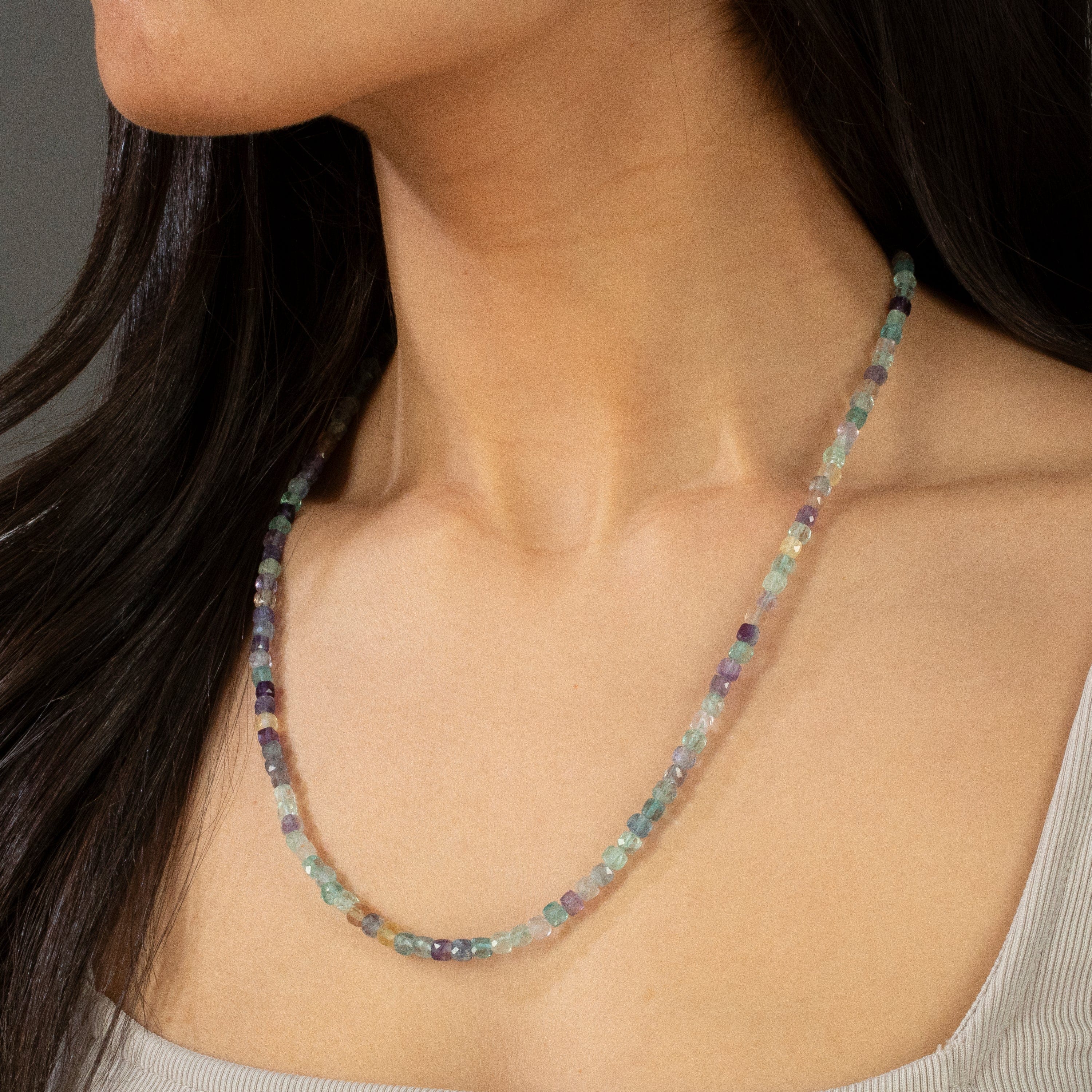 4mm Fluorite Faceted Cube Beaded Necklace & Multi-Wrap Bracelet Set - Healing Crystal Jewelry for Meditation, Energy Balancing, and Spiritual Protection