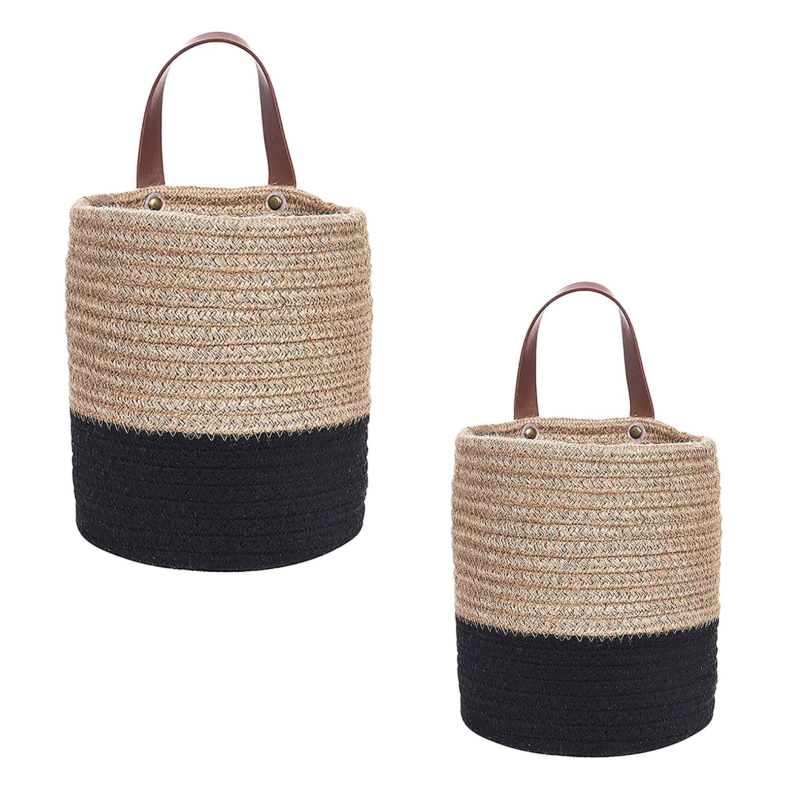 Lazyspace 2-Pack Cotton Rope Hanging Baskets - Woven Wall Storage Bins with Leather Handles for Home Organization | Perfect for Plants, Toys, Blankets & Bathroom Essentials (Brown & Black)