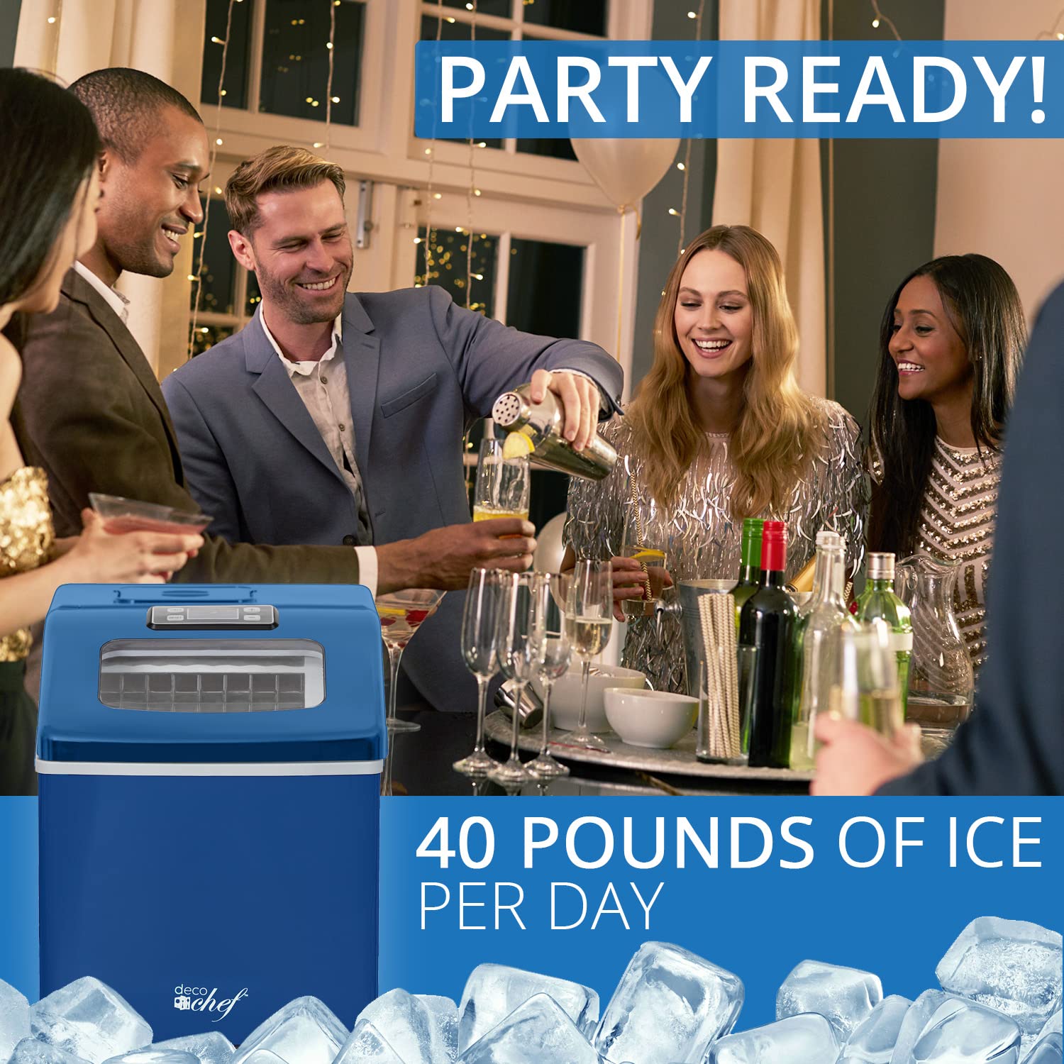 Deco Chef Portable Countertop Ice Maker Machine - 40LB/24H Fast Ice Production, 24 Cubes in 15 Mins, Adjustable Cube Size, Digital Control with Timer, Self-Cleaning Function, EZ Access Flip Lid & Scoop Included (Blue) - Perfect for Home, Office, RV, Boat & Outdoor Parties
