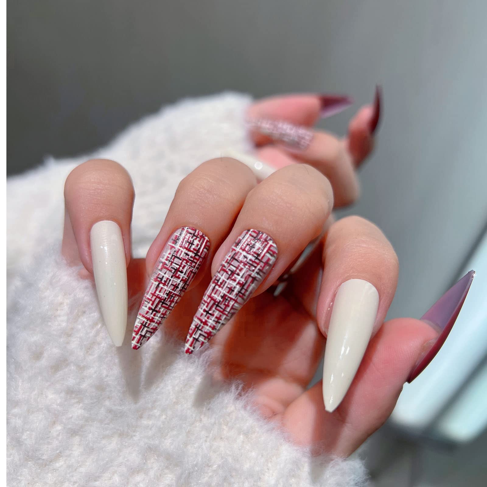 30PCS Solid Color Long Pointed Press on Nails - Glossy False Nails with 3D Embossing Plaid Designs for Women | Full Cover Stick on Fake Nails Kit (Milk White & Red) | Perfect for Parties, Weddings, Date Nights & Special Occasions