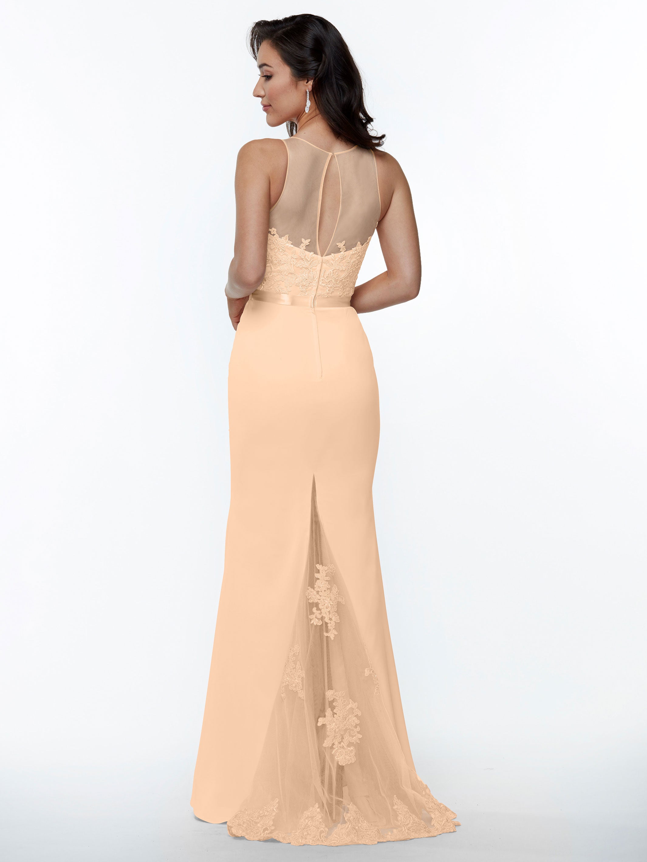 Elegant 80095 Stretch Chiffon Fit and Flare Bridesmaid Dress with Lace Illusion Bodice - Perfect for Weddings, Formal Events & Special Occasions