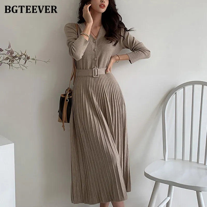 Elegant V-Neck Single-Breasted Women's Thick Knit Sweater Dress with Belt - A-Line Soft Winter Dress for Autumn & Winter 2021 | Perfect for Office, Date Night & Casual Outings