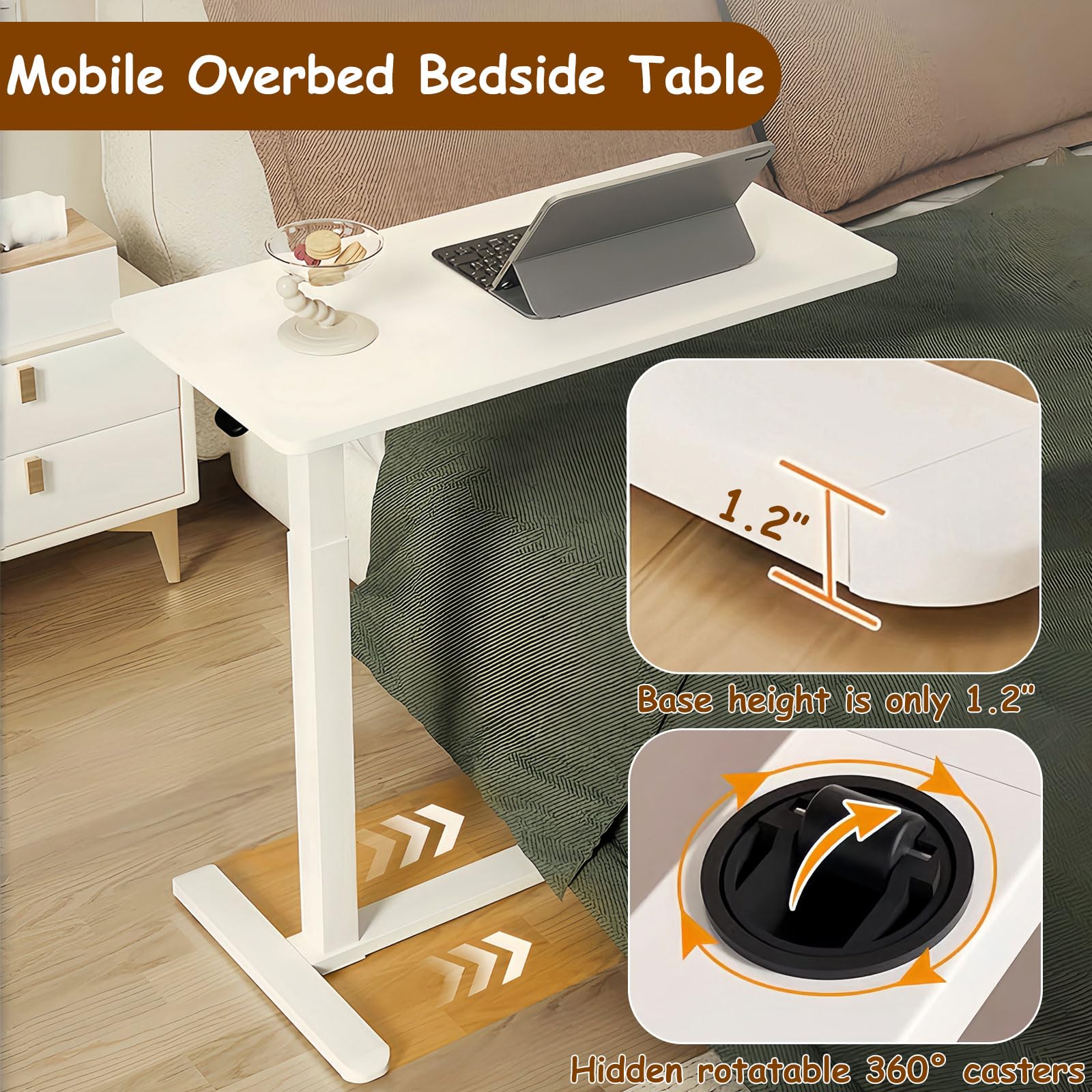 Adjustable Height Overbed Table with Hidden Wheels - Foldable Mobile Standing Desk for Laptop, Computer & Workspace - Ideal for Hospital, Home Office & Bedside Use