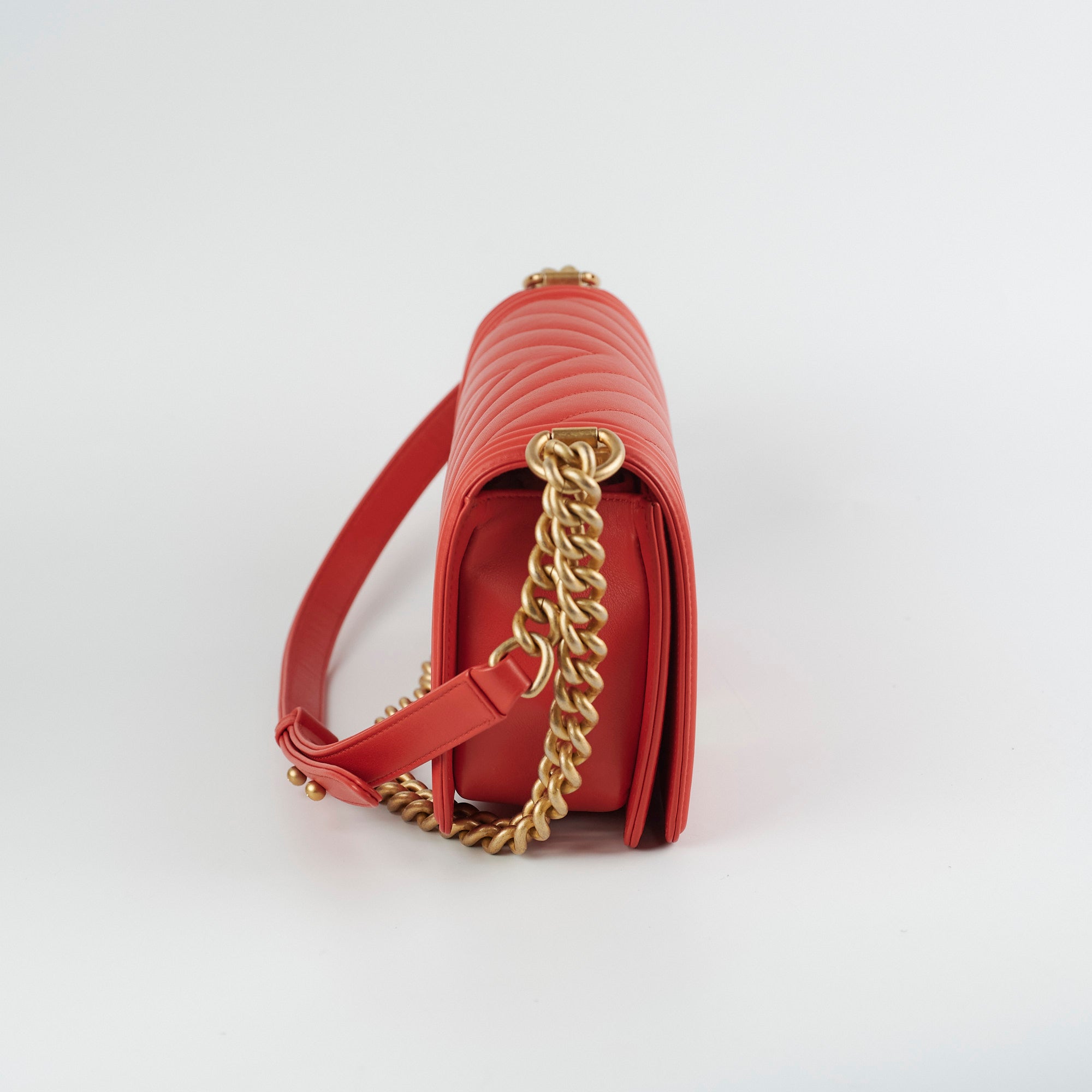 Chanel Old Medium Boy Chevron Lambskin Handbag in Red/Orange - Luxury Crossbody Bag for Women, Perfect for Parties, Dates & Evening Events