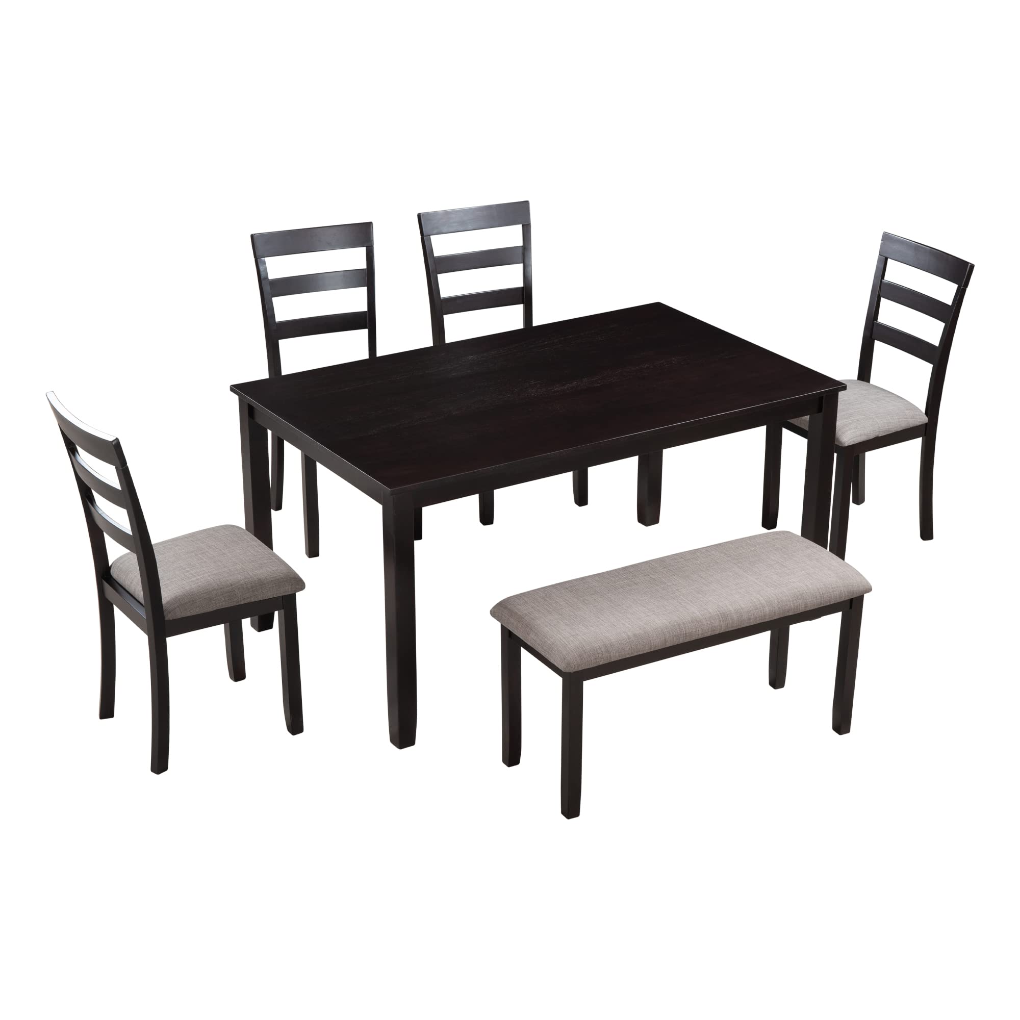 Quarte 6-Piece Wooden Dining Table Set with Fabric Cushion - Kitchen Table, Chairs & Bench - Rustic Home Furniture for Dining Room, Bistro, Breakfast Nook & Small Space Living