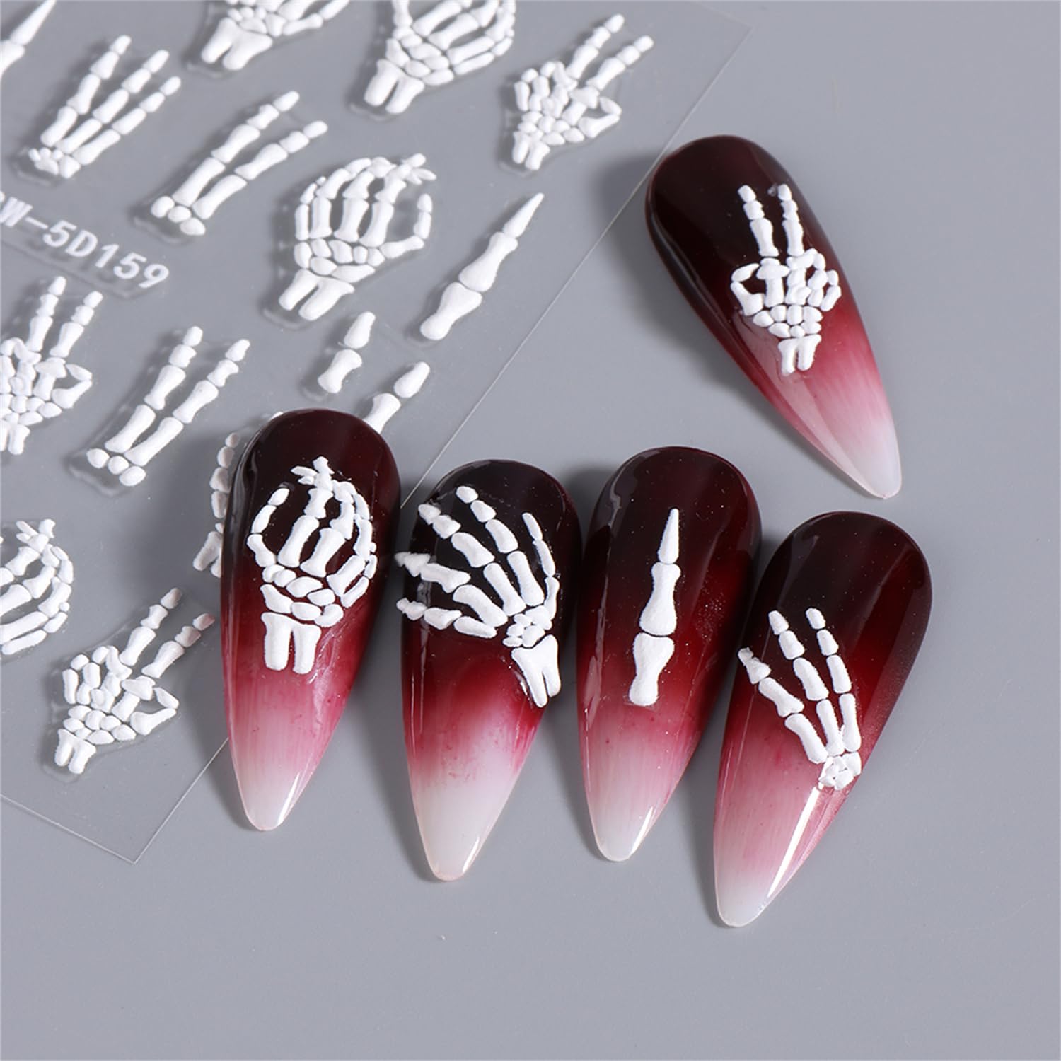 5D Halloween Nail Art Stickers - White Embossed Skeleton Self-Adhesive Nail Decals - Cute Bone Design Nail Supplies for Party & Costume - 2 Sheets