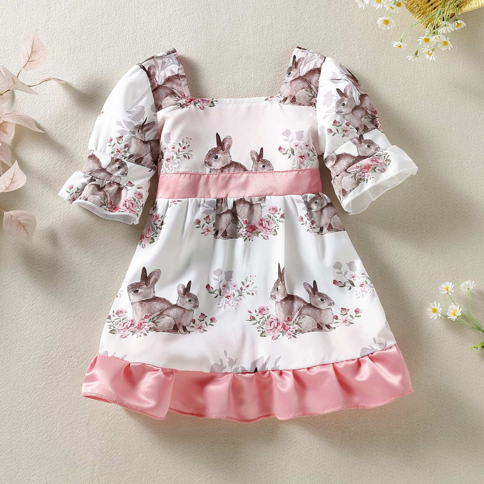 Easter Bunny Print Baby Girl Dress - Short Puff Sleeve/Sleeveless Ruffle A-Line Princess Dress for Toddlers 12-18 Months (Pink with Rabbits) | Perfect for Easter Celebrations, Spring Photoshoots & Special Occasions