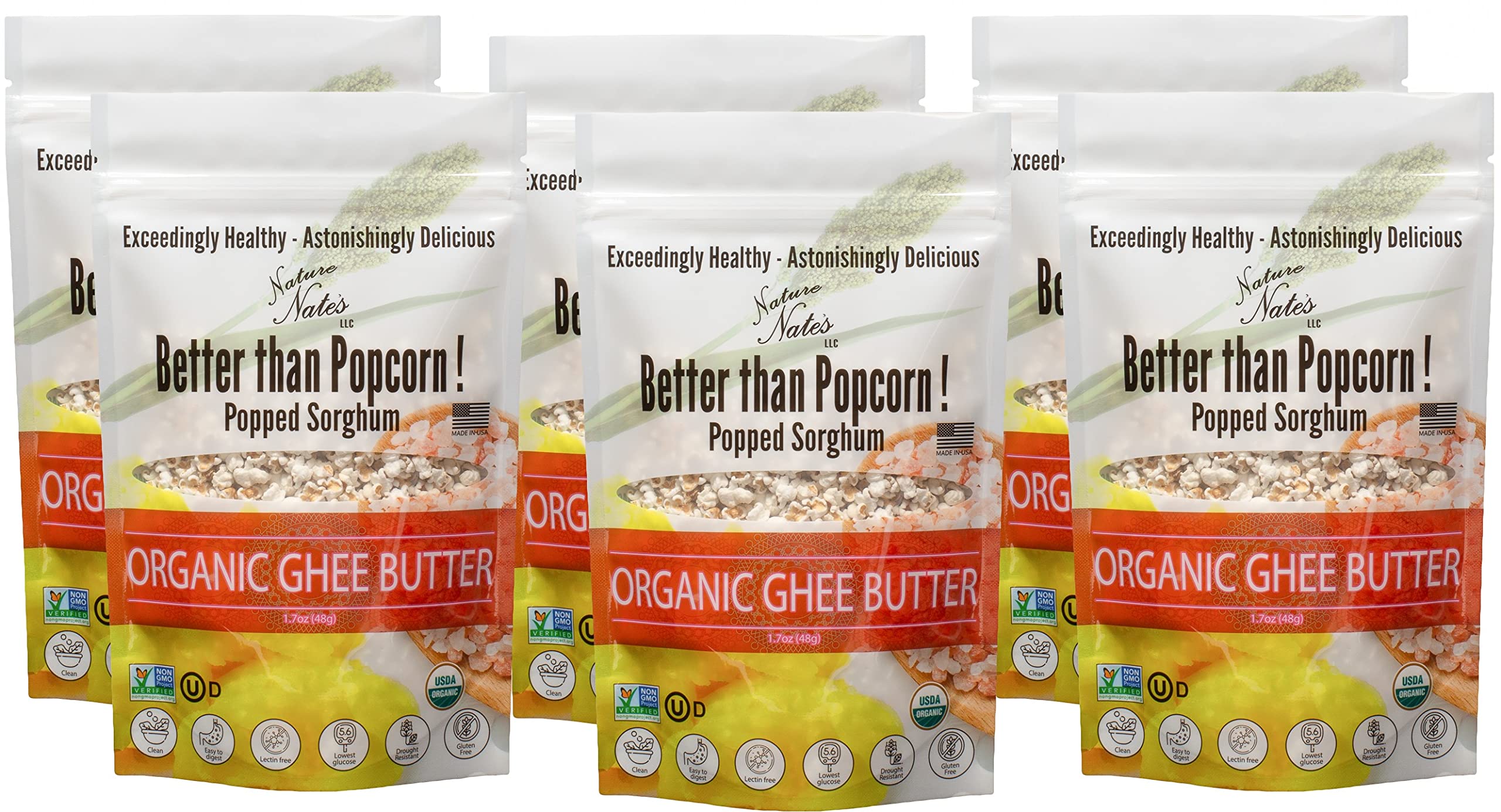 Organic Ghee Butter Popped Sorghum Snacks - Keto, Gluten-Free, Healthy, Non-GMO, Made in USA - 1.7oz (6-Pack) - Perfect for Movie Nights, Road Trips & Office Snacking