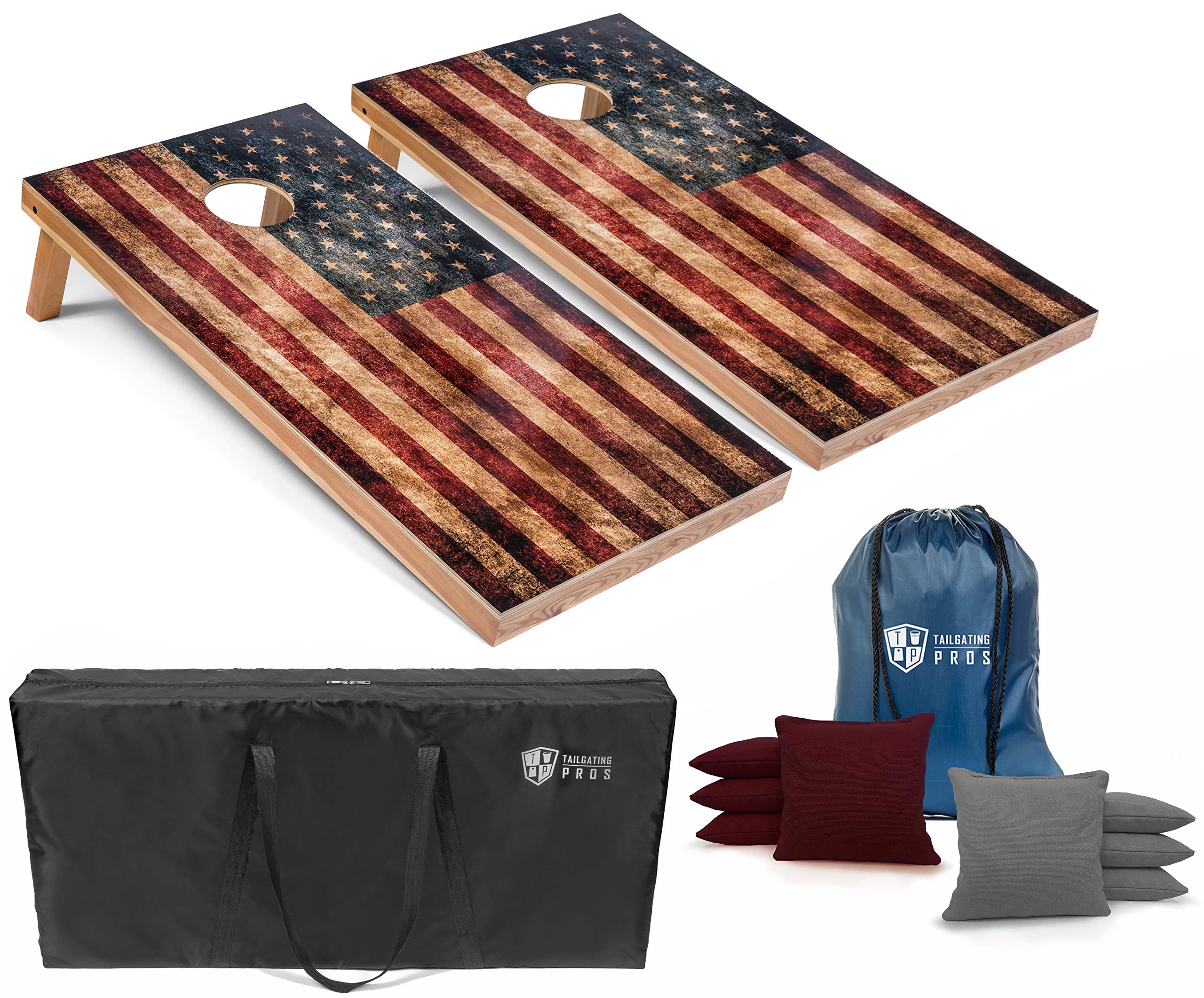 Rustic American Flag Cornhole Boards Set with Bean Bags - 4'x2' Distressed Wooden Cornhole Game with Carrying Case & 8 Regulation Bags - Perfect for Tailgating, Backyard BBQs, and Outdoor Parties