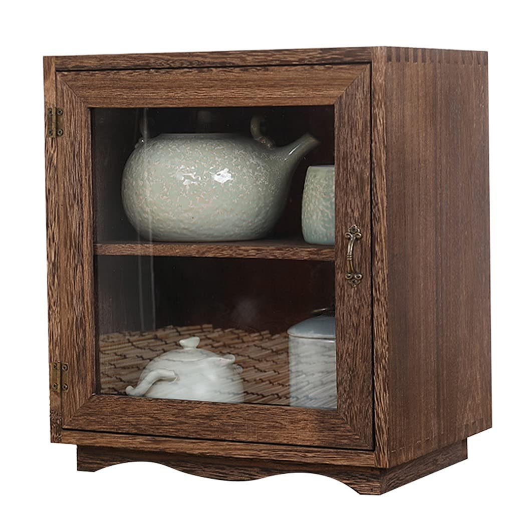 Solid Wood Tea Cabinet with Glass Doors - 30×21×34cm Drawer Organizer for Tea Sets, Cosmetics & Small Items | Desktop Storage Display Cabinet for Home, Office or Gift (Brown)