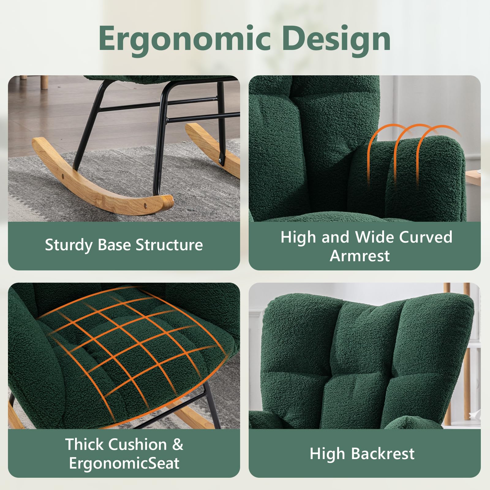 NIOIIKIT Nursery Rocking Chair - Soft Teddy Fabric Upholstered Glider Rocker with Padded Seat & High Backrest - Comfortable Accent Armchair for Living Room, Bedroom, Nursery (Green Teddy) - Perfect for Nursing, Reading & Relaxing