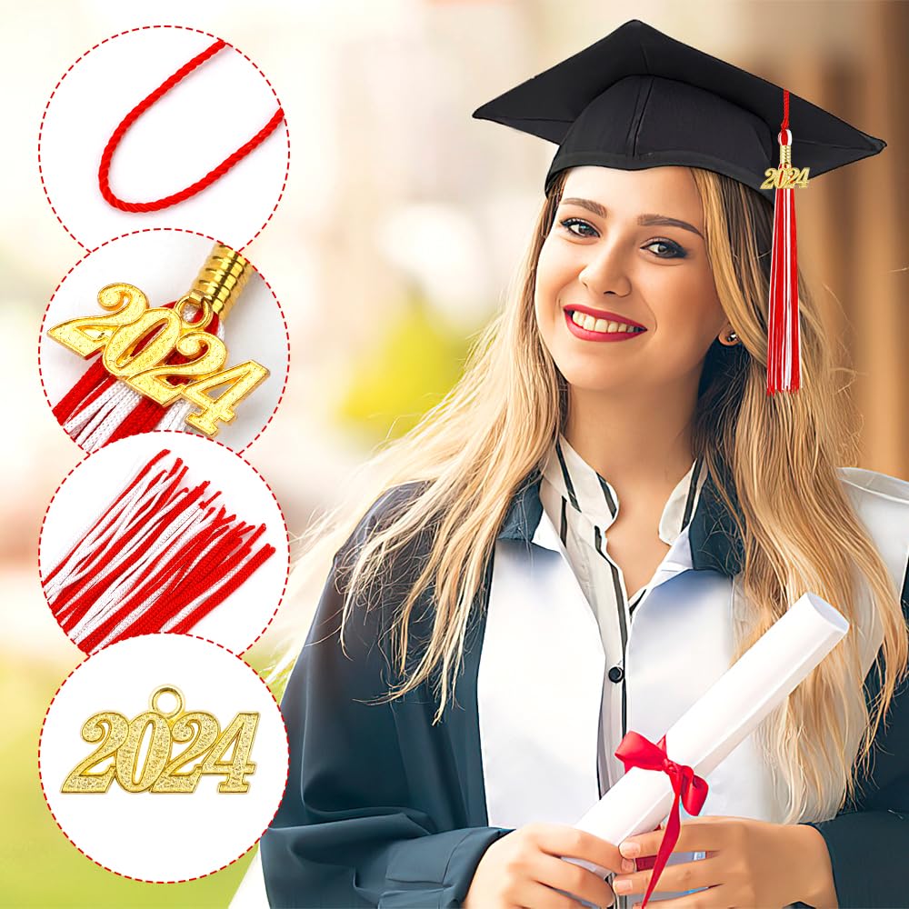 2024 Graduation Tassel Set - 2 Pack Red & White Tassels with Charms for High School & College Cap Decorations - Perfect for Commencement Ceremonies, Photo Shoots & Graduation Parties