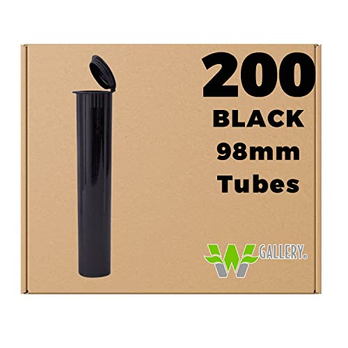 W Gallery 200 Black 98mm Smell-Proof Pre-Roll Tubes with Pop-Top Lids - BPA-Free Plastic Container for Oil Cartridges & RAW Cones (Fits 98mm, 84mm, 83mm, 80mm Sizes) - Perfect for Cannabis Storage & Travel