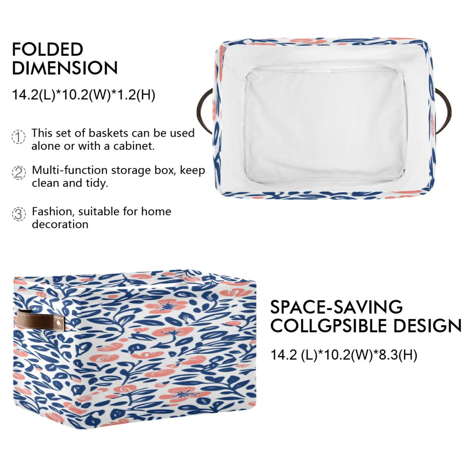 Large Foldable Storage Baskets with Handles - 2 Pack Coral Bouquet Organizing Bins for Closet, Shelves & Home Organization | Perfect for Bedroom, Bathroom & Kids Room Storage