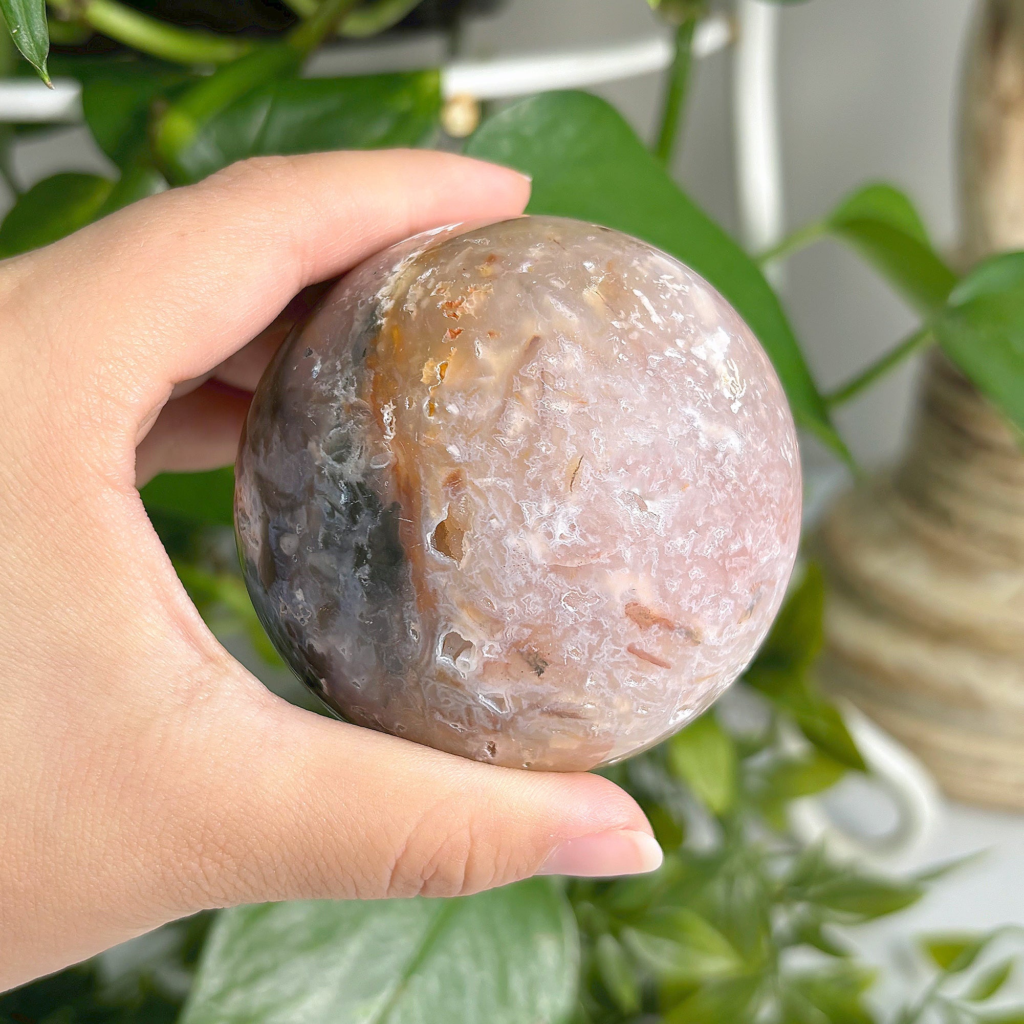Polished Pink Plume Agate Sphere - Natural Stone Display Orb with Intricate Patterns - Handcrafted Collectible Decor for Home, Office & Meditation Spaces - Perfect for Feng Shui, Crystal Healing & Luxury Interior Design