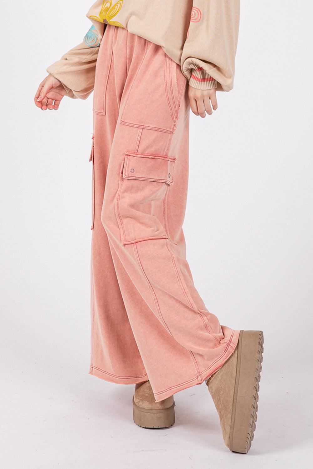 SAGE + FIG Women's Knit Terry Mineral Wash Wide Leg Lounge Pants - Soft Comfortable Casual Pants for Home, Yoga, and Travel