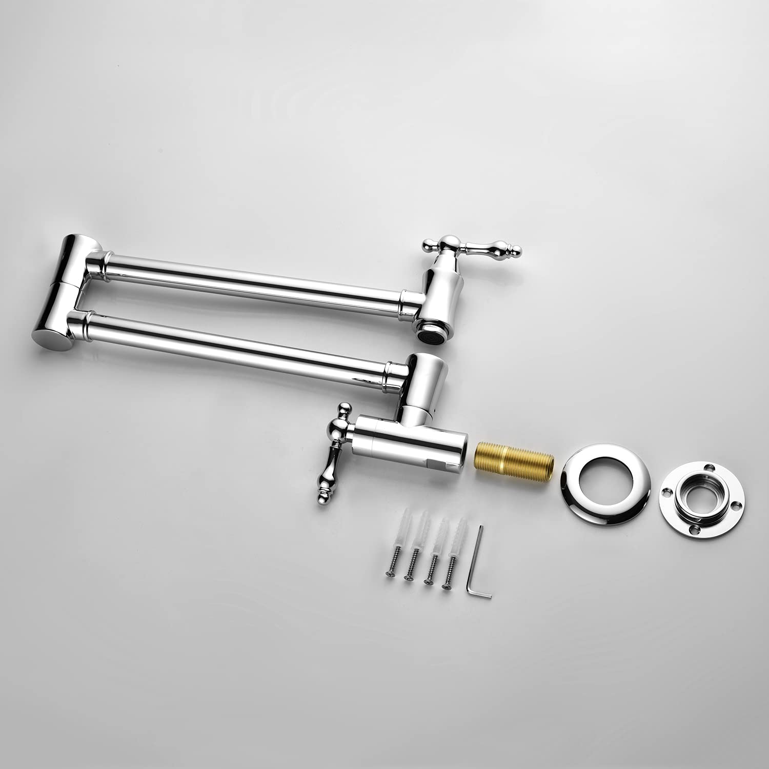 GT4-ZJ Solid Brass Wall Mount Folding Kitchen Faucet - Extendable Swing Arm Pot Filler Faucet in Brushed Silver for Modern Home & Commercial Use | Perfect for Filling Large Pots, Watering Plants & Hand Washing