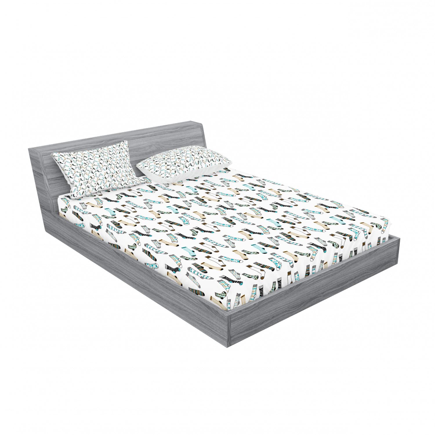 Ambesonne Cartoon 2-Pack Queen Size Fitted Sheet & Pillow Sham Set - Rain of Socks Laundry Design - 4-Piece Bedding Set (2 Fitted Sheets + 4 Pillow Covers) - Dark Blue & Beige - Soft & Breathable - Perfect for Kids' Rooms, Guest Bedrooms & Themed Decor