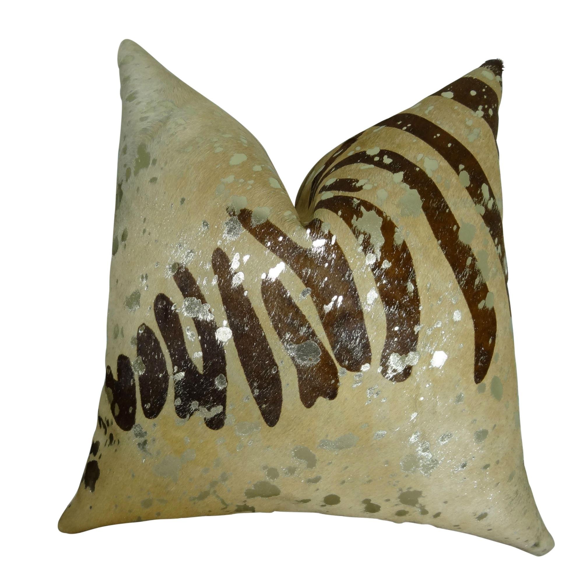 Thomas Collection Zebra Print Brazilian Beige Cowhide Throw Pillow - Metallic Gold Foil Accent - Handmade in USA - Luxury Home Decor for Living Room, Bedroom & Sofa