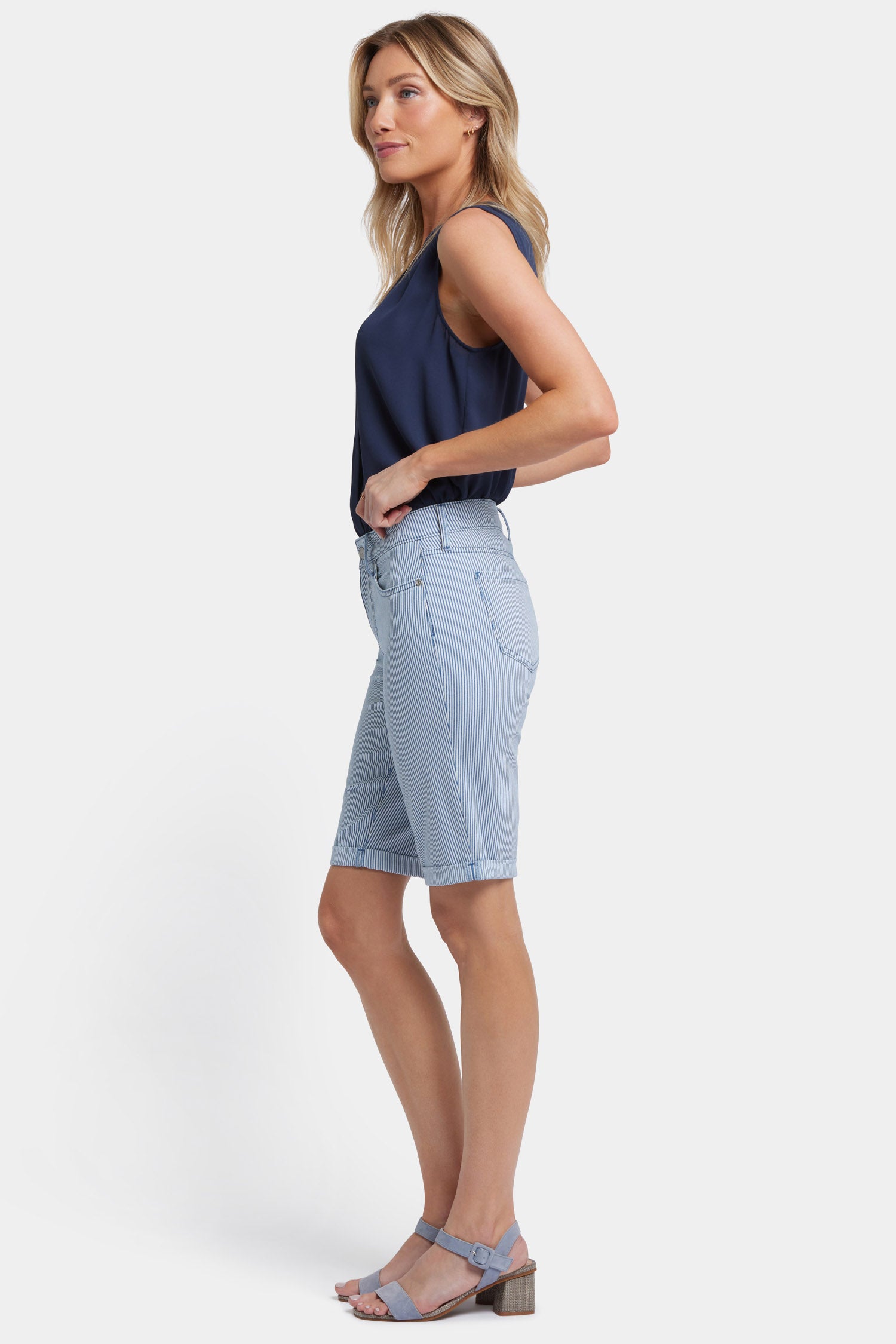 Briella 11 Inch Denim Shorts for Women - High Waisted Stretch Denim Shorts with Merida Stripe Design | Perfect for Summer, Beach, and Casual Outfits