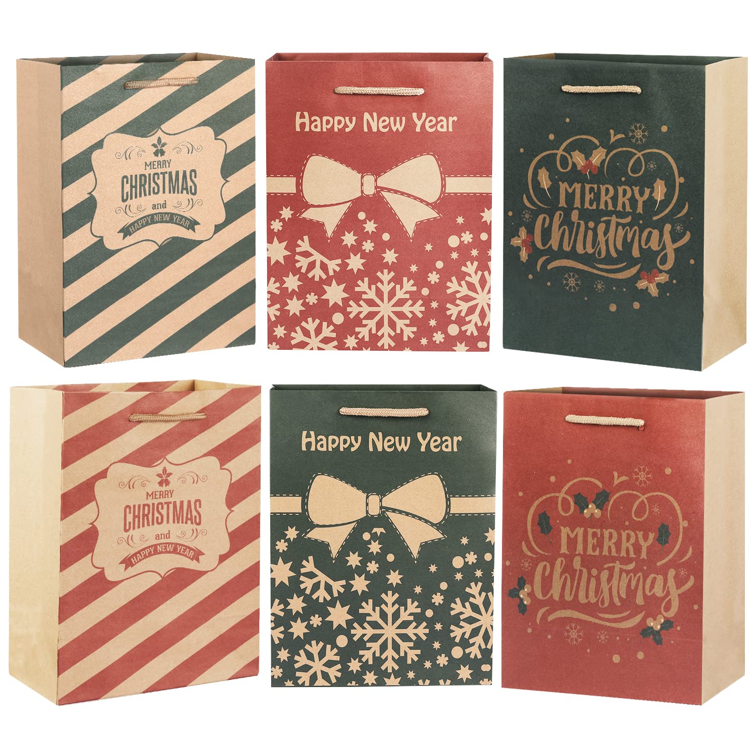 6PCS 9-Inch Christmas Gift Bags Set - Eco-Friendly Kraft Paper Holiday Gift Bags with 6 Unique Designs & Cards (Red & Green) - Perfect for Kids, Family & Friends - Great for Xmas Parties, Stocking Stuffers & Secret Santa Gifts