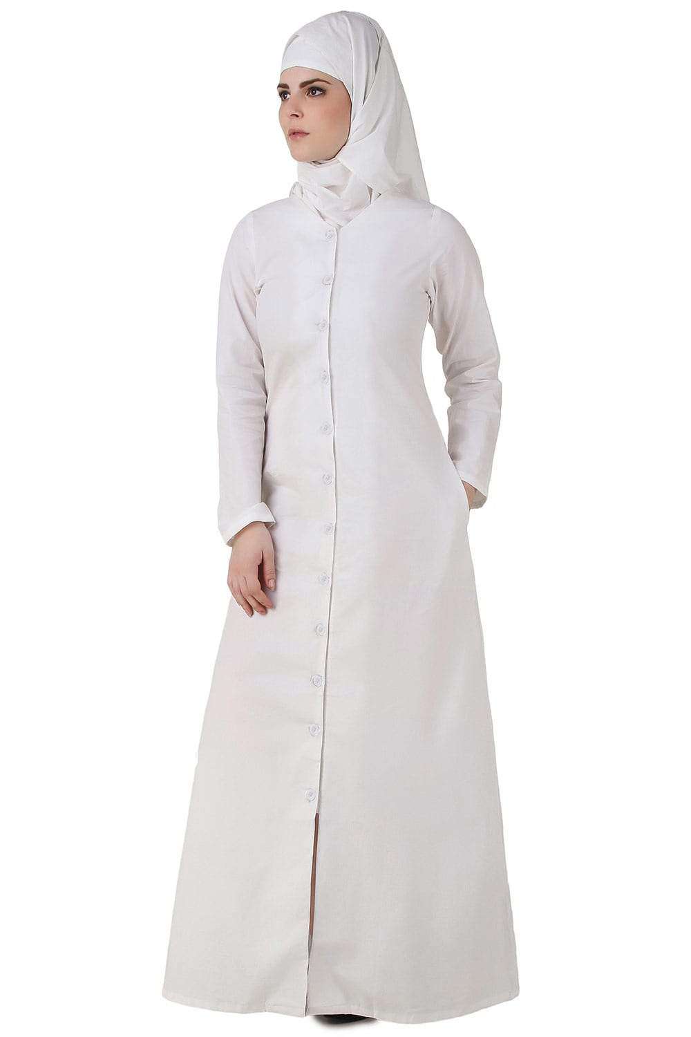Faraza White Front Open Cotton Abaya - Modest Muslim Prayer Dress for Women - Perfect for Prayer, Mosque, and Special Occasions