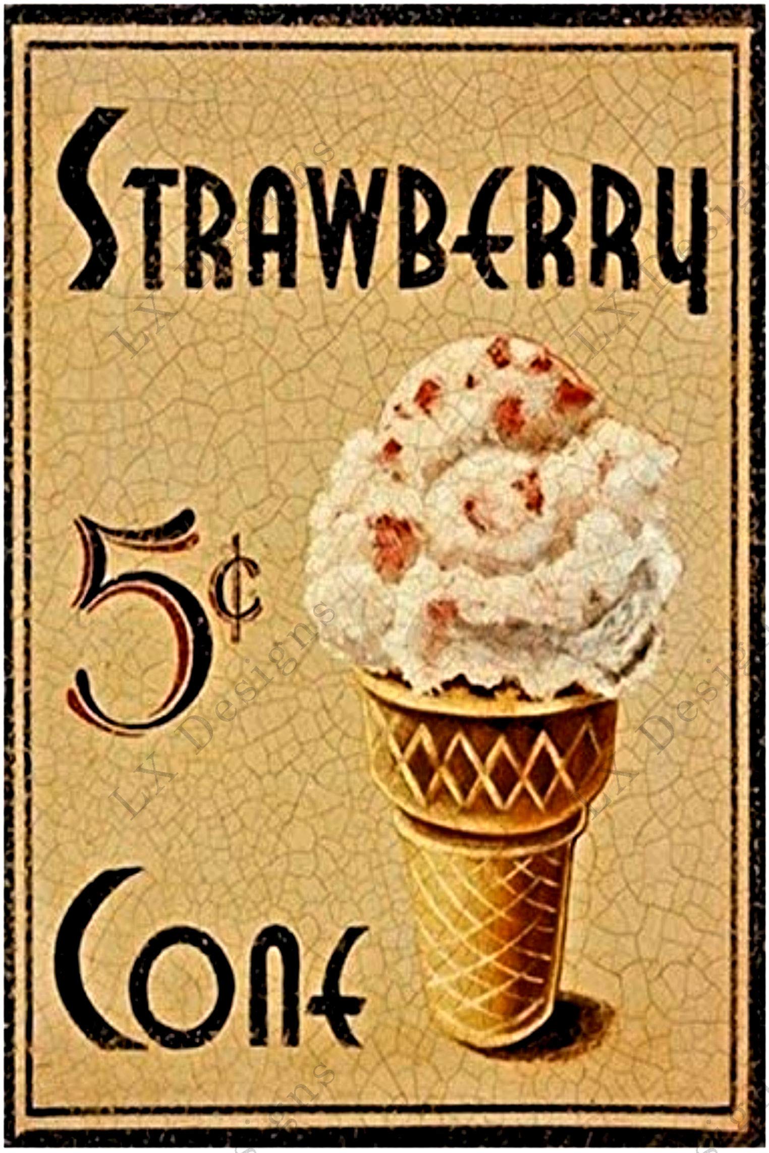 Vintage Metal Tin Signs - Strawberry Ice Cream Cone Retro Decor for Kitchen, Diner & Cafe - 8x12 Inch Funny Food Wall Art - Perfect for Ice Cream Shops, Restaurants & Home Decor