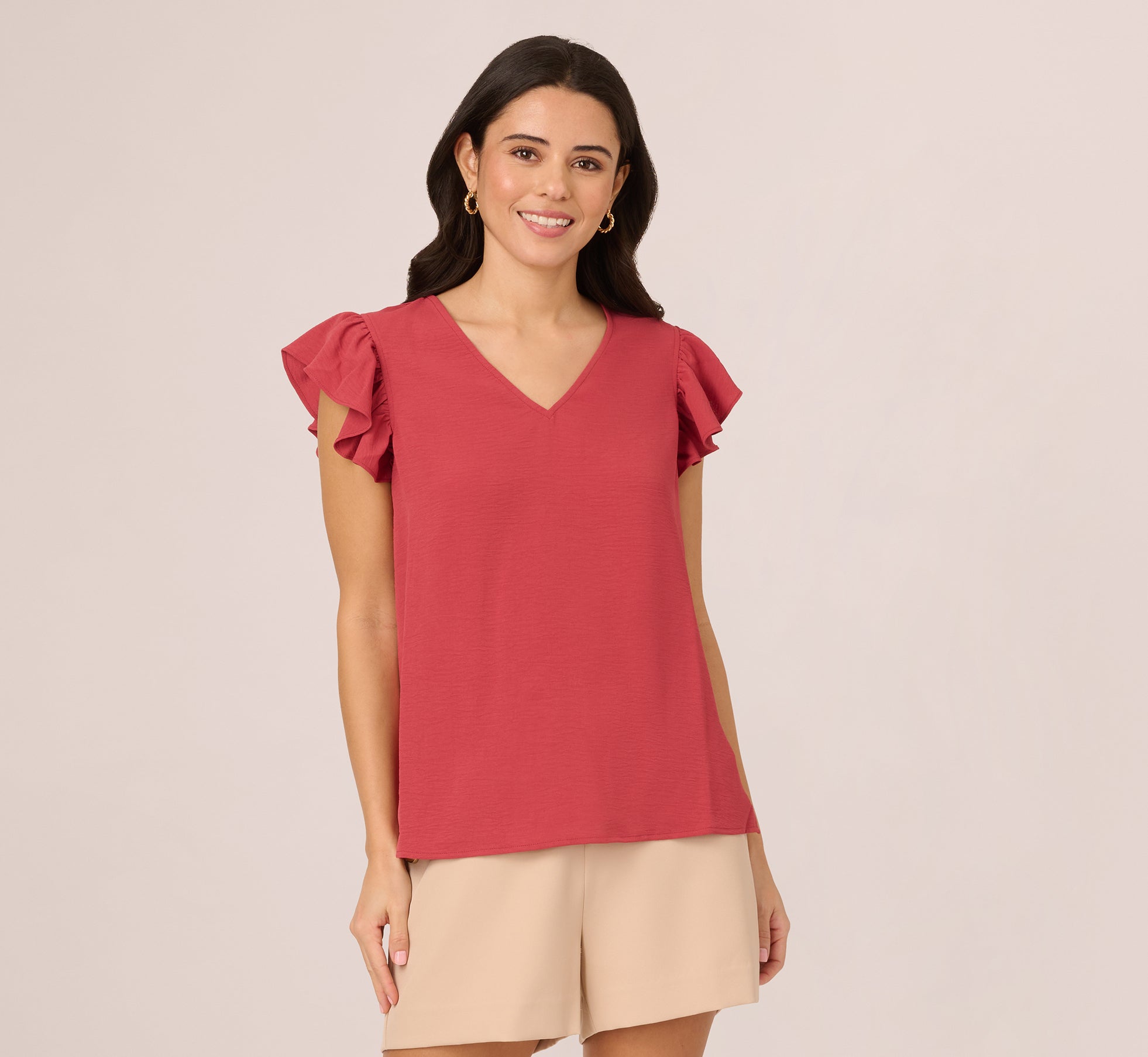 Elegant Ruffle Sleeve V Neck Satin Blouse in Rose Pink - Perfect for Date Night, Cocktail Parties & Special Occasions