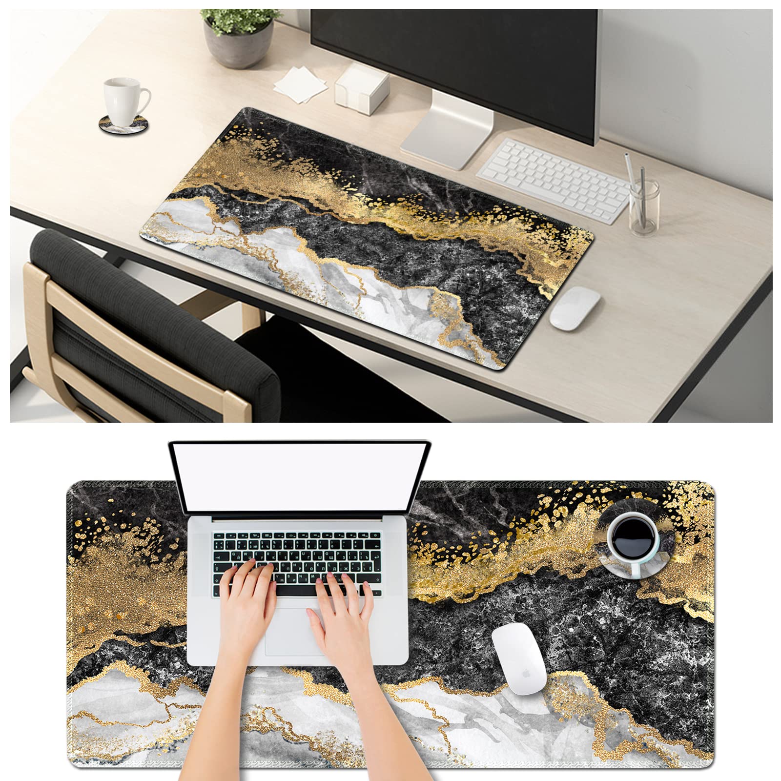 ARTSO Extra Large Gaming Mouse Pad (31.5x15.7 Inch) - Non-Slip Rubber Base with Stitched Edges - XL Keyboard & Mouse Mat for PC, Laptop, Office & Gaming Desk - Black Grey Marble Design - Perfect for Work, Gaming & Home Office Setup