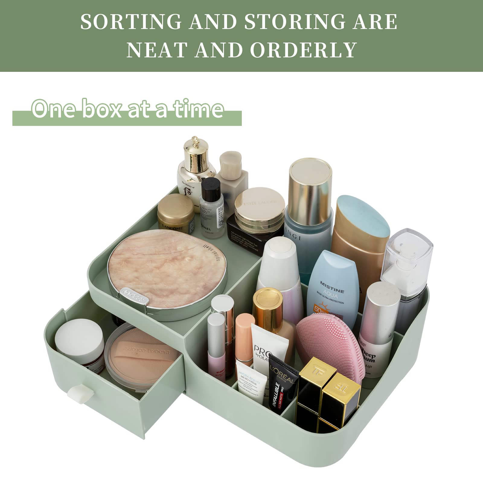Abiudeng Makeup Desk Organizer with Drawers - Small Bathroom & Vanity Countertop Storage for Cosmetics, Skincare, Jewelry - Holds Lipstick, Brushes, Eyeshadow, Nail Polish & More (Green) | Perfect for Bedroom Vanity, Bathroom Counter & Dressing Table Organization