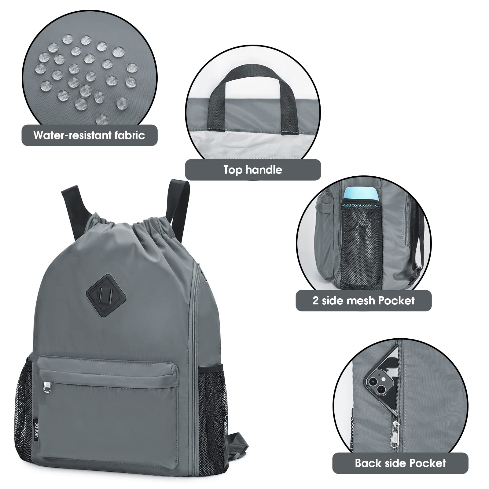 WANDF Drawstring Backpack - Large Water-Resistant Gym Bag with Shoe Compartment for Men & Women | Perfect for Sports, Travel & Workouts (Grey)