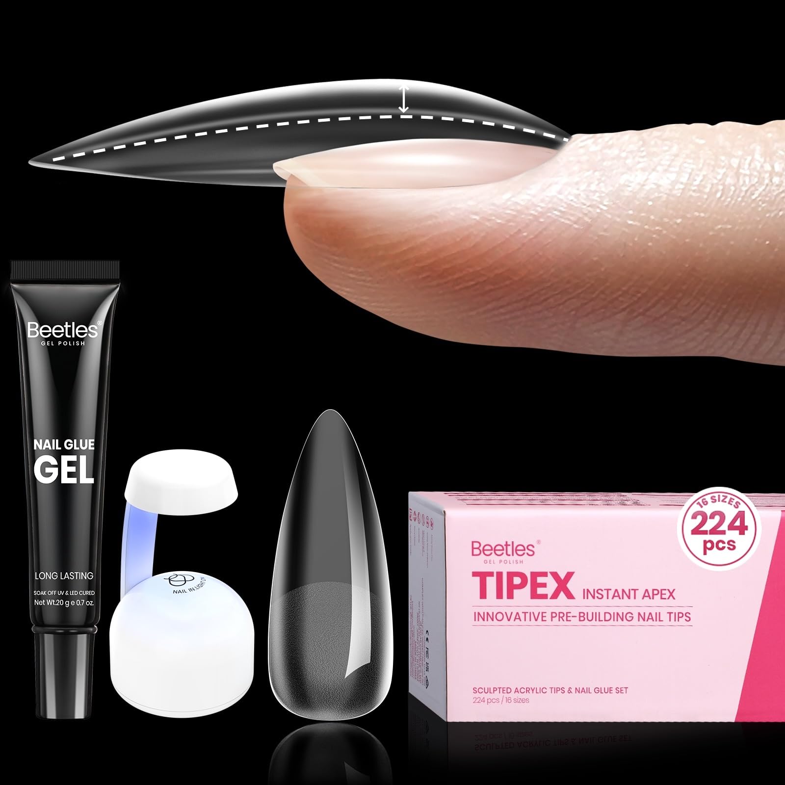 Beetles Tipex Instant Apex Nail Tips - 224Pcs 16 Sizes Medium Stiletto False Nails for Flat Nails | Pre-Built & Pre-Etched Acrylic Nail Extensions with UV Glue | Perfect for Salon, Home Manicure & Nail Art DIY
