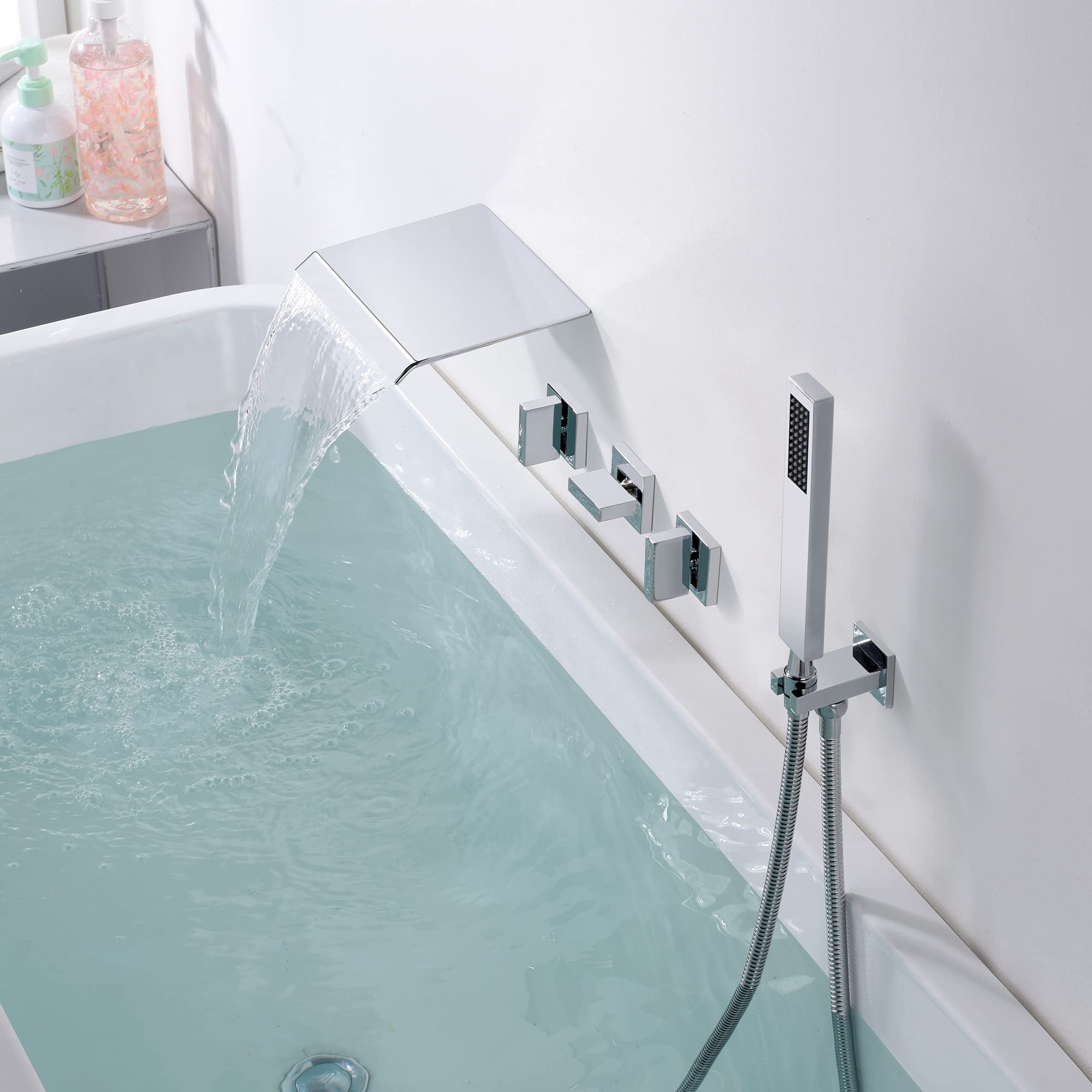 SumeraIn Wall Mount Waterfall Bathtub Faucet with Hand Shower - High Flow Chrome Finish for Modern Bathrooms | Perfect for Spa-Like Showers and Relaxing Baths