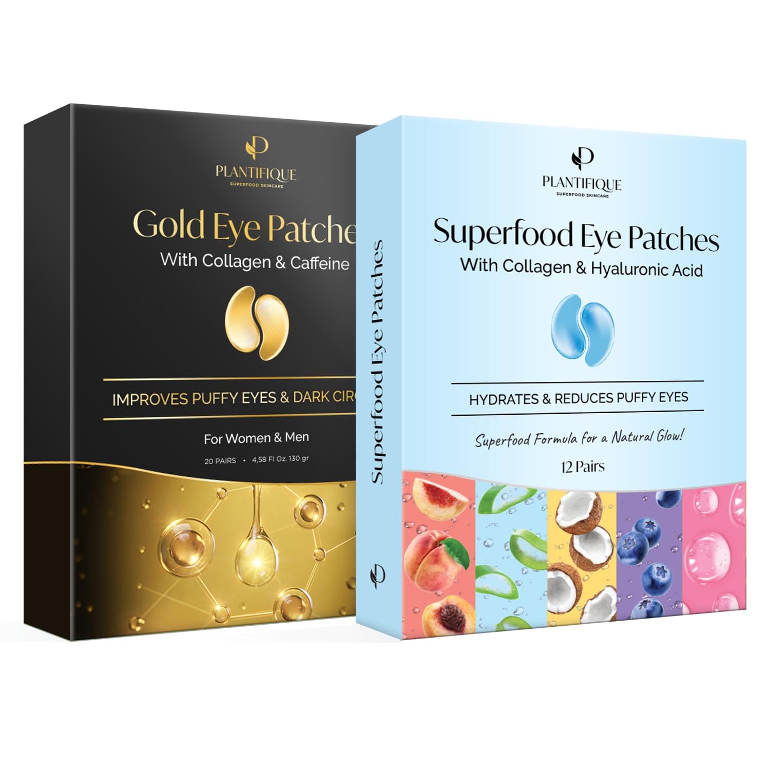 PLANTIFIQUE Gold Under Eye Patches for Puffy Eyes & Dark Circles - 20 Pairs + Superfood Eye Patches with Hyaluronic Acid, Green Tea & Collagen - Reduce Dark Circles & Refresh Tired Eyes for Women & Men - Perfect for Morning Routine, Travel & Skincare Regimen