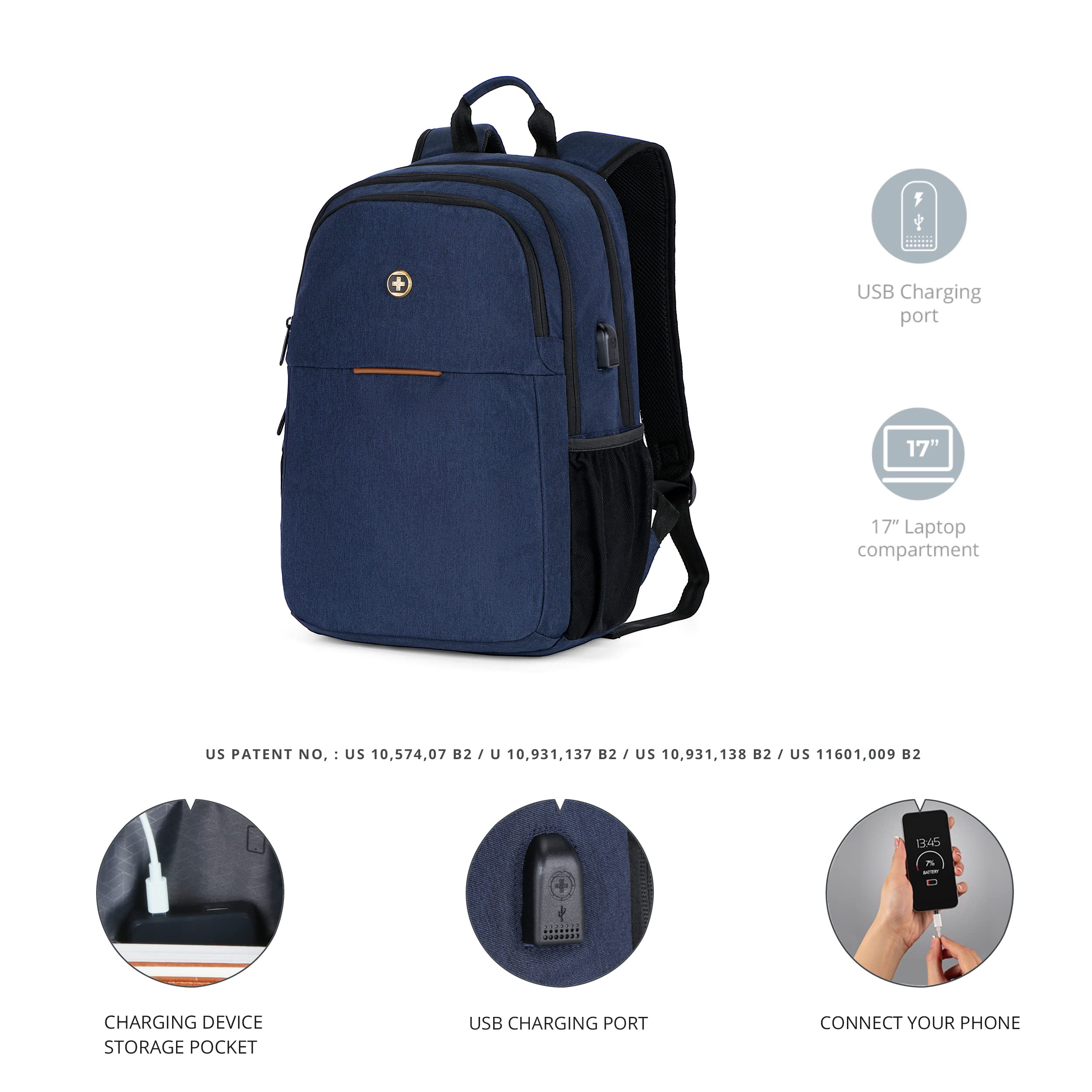 Swissdigital 17 Inch Laptop Backpack for College & Business Travel - Slim USB Charging Laptop Bag for Women & Men - Water Resistant Dark Blue Backpack (BIBERSTEIN SD1636-12) - Perfect for Work, School & Commuting