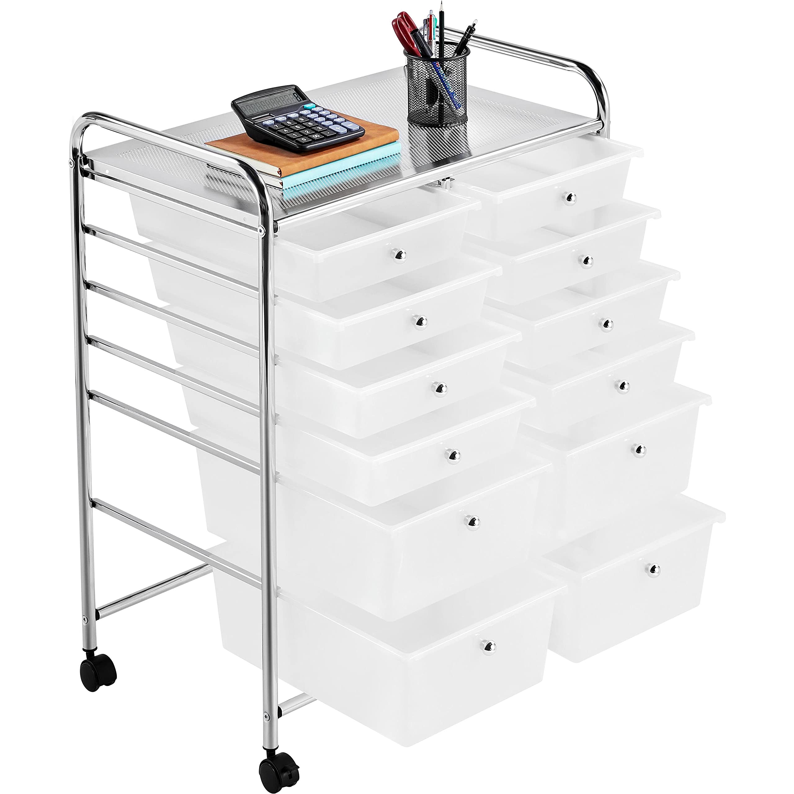 Topeakmart 12-Drawer Utility Rolling Cart Organizer - Plastic Storage Drawers Craft Trolley with 360° Swivel Castor Wheels - White | Perfect for Craft Rooms, Workshops, Office Supplies & Home Organization
