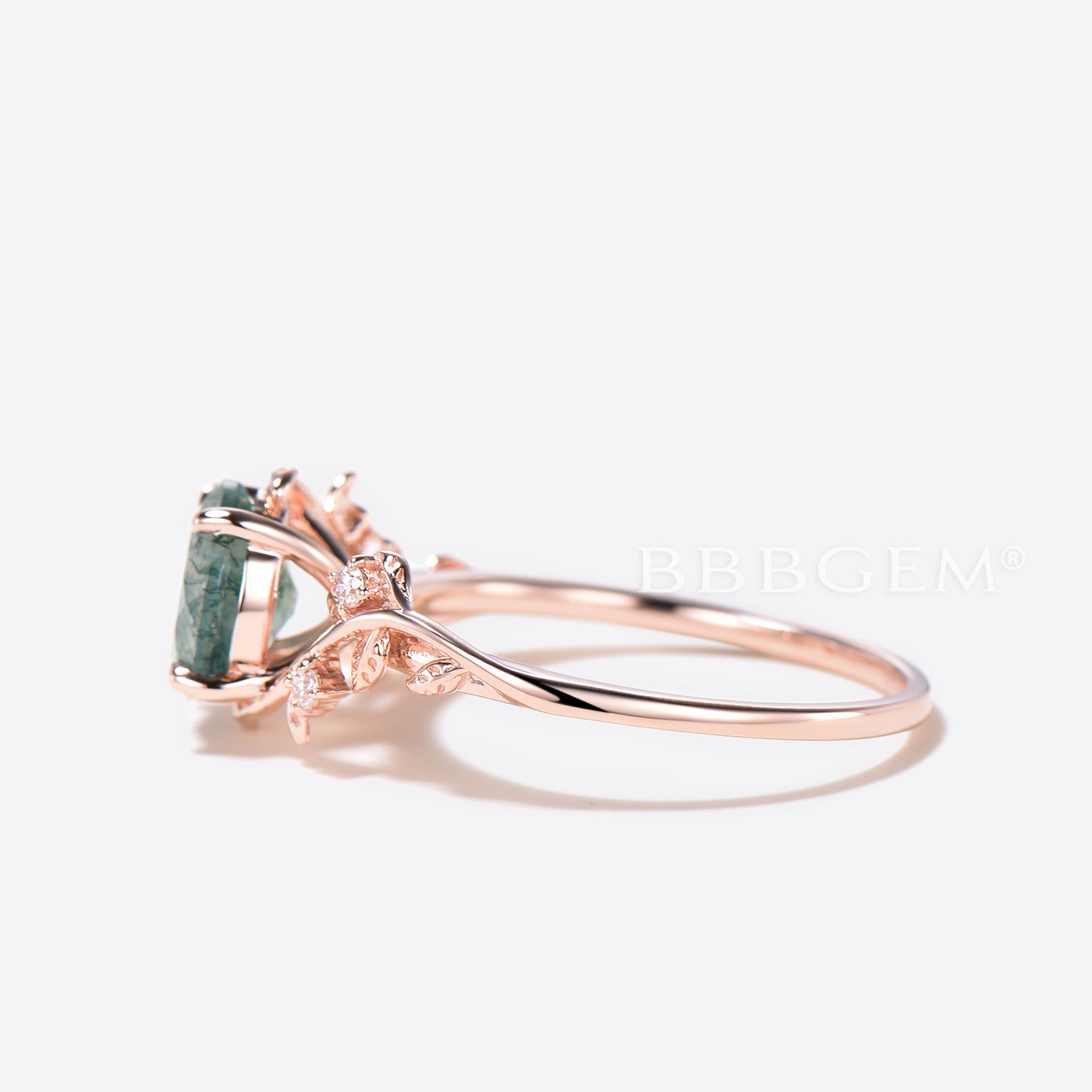 Twig Leaf Moss Agate Engagement Ring - Nature Inspired Wedding Band with Diamond Accents | Perfect for Outdoor Weddings & Nature-Themed Proposals