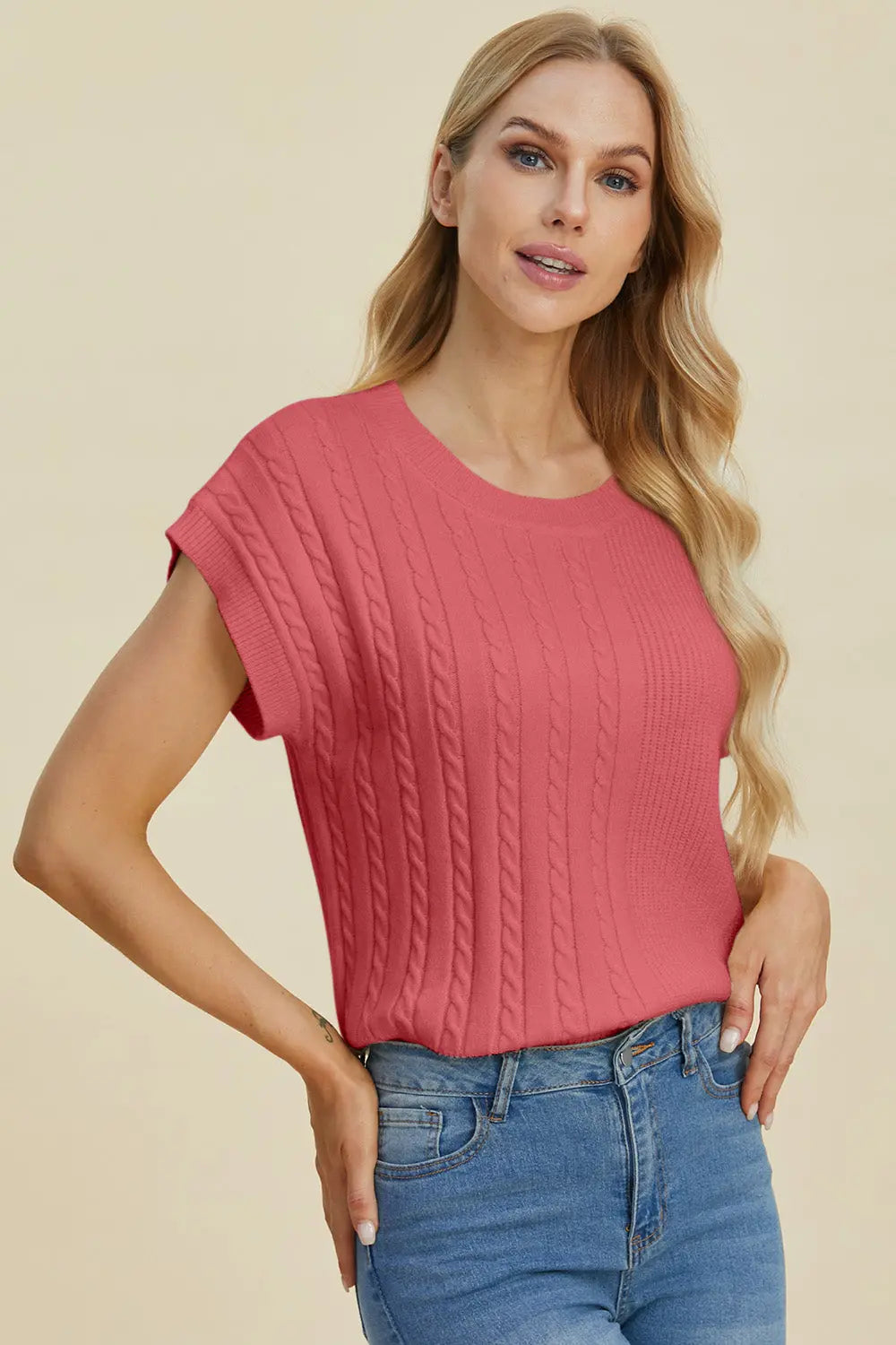 Double Take Full Size Cable Knit Round Neck Short Sleeve Sweater for Women - Cozy Casual Pullover Top for Fall & Winter - Perfect for Office, Date Night and Weekend Outings