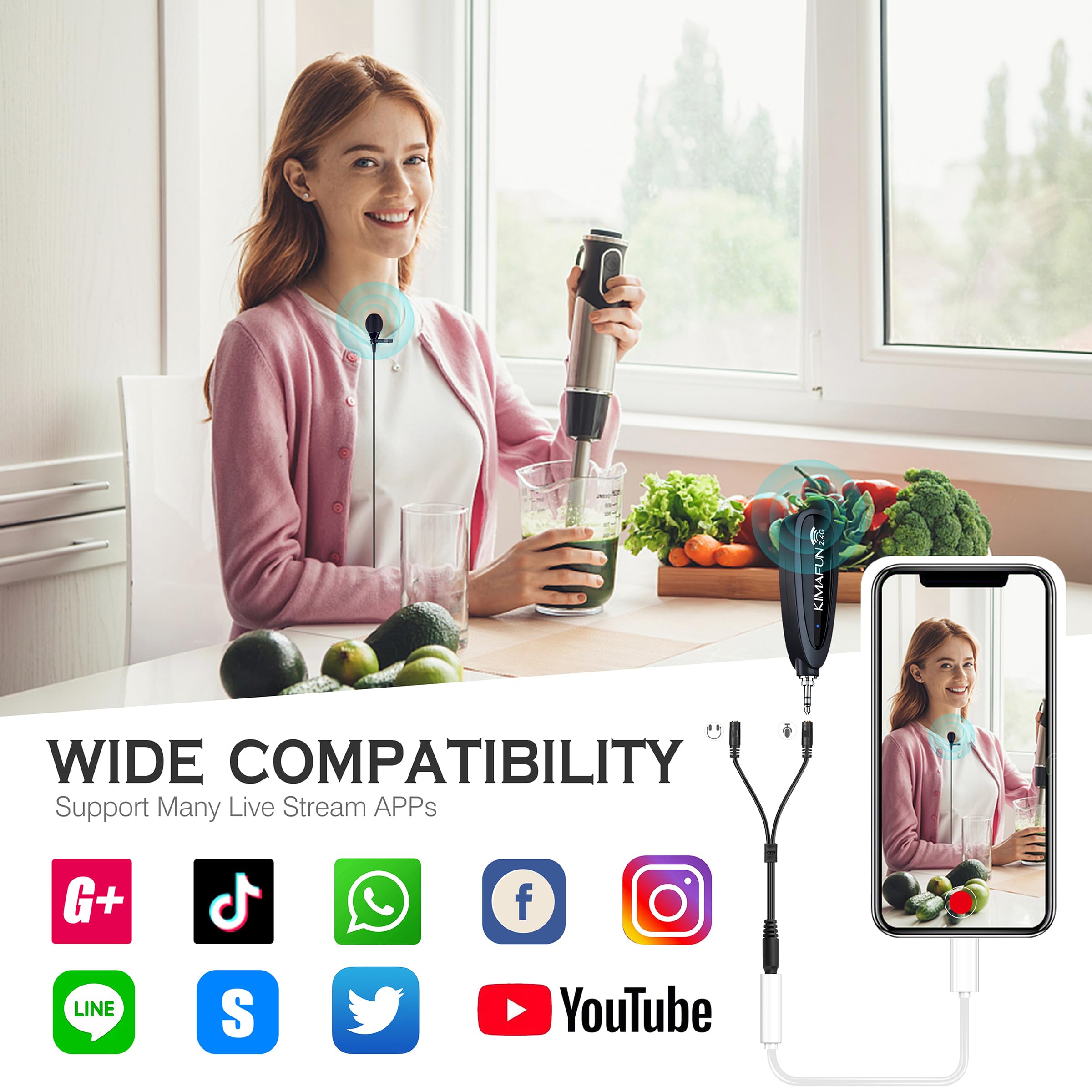 KIMAFUN 2.4G Wireless Lavalier Microphone System with 3.5mm Receiver - Compatible with PC, Laptop, iPhone, DSLR Camera & PA Speaker - Ideal for YouTube Videos, Podcasting, Vlogging, Interviews & Professional Recording - Perfect for Content Creators, Streamers & Public Speakers