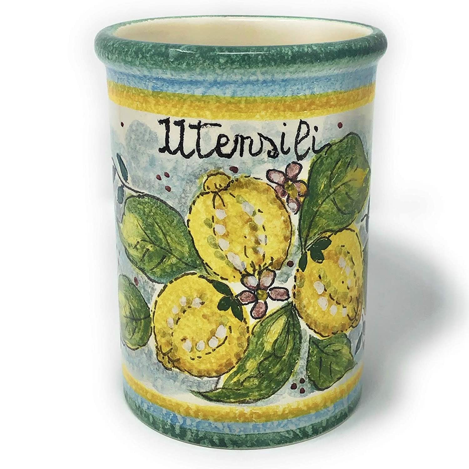 Italian Ceramic Utensil Holder - Hand Painted Tuscan Art Pottery Vessel Made in Italy | Perfect for Kitchen Organization & Rustic Home Decor