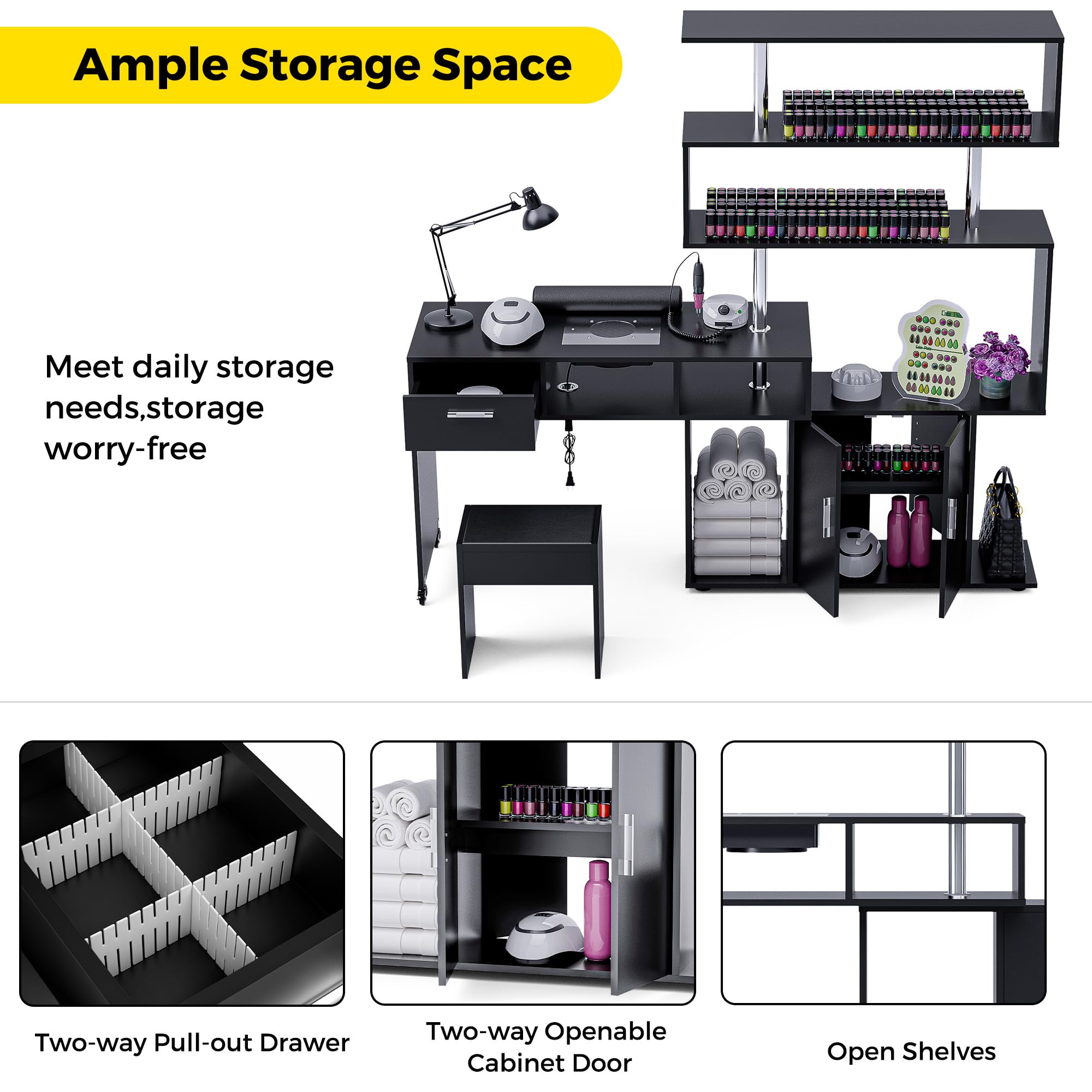 Professional Rotating L-Shaped Manicure Table with Stool - Nail Tech Desk with Built-in Dust Collector, 2-Way Drawer, Storage Cabinet & Shelves - Mobile Reversible Nail Salon Workstation (Black) | Perfect for Home Salons, Nail Technicians & Beauty Professionals