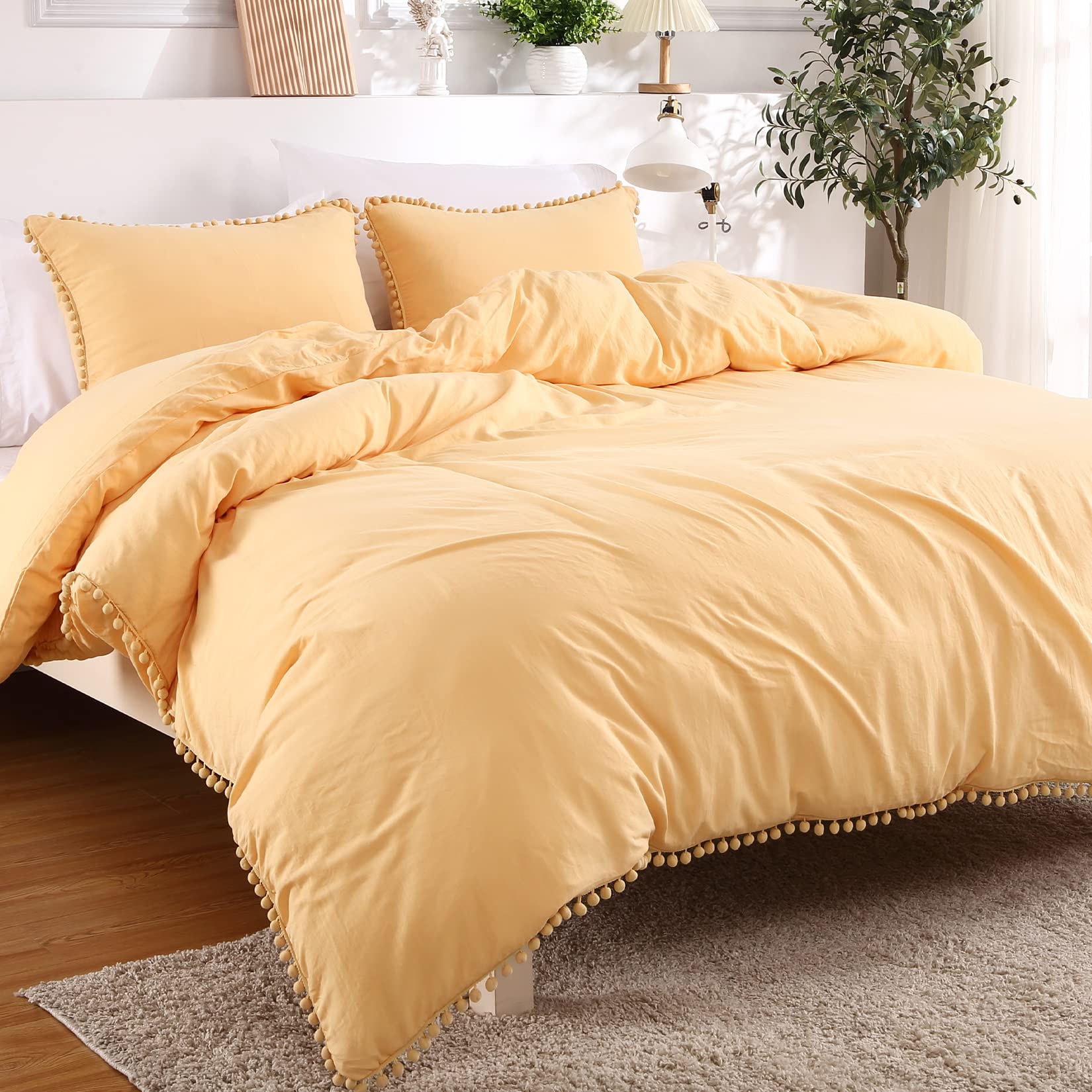 CAROMIO King Size Pom Pom Fringe Duvet Cover Set - 3 Piece Soft Washed Microfiber Bohemian Bedding with Zipper Closure, Yellow 104x90 Inches - Perfect for Boho Chic Bedroom Decor & All Season Comfort
