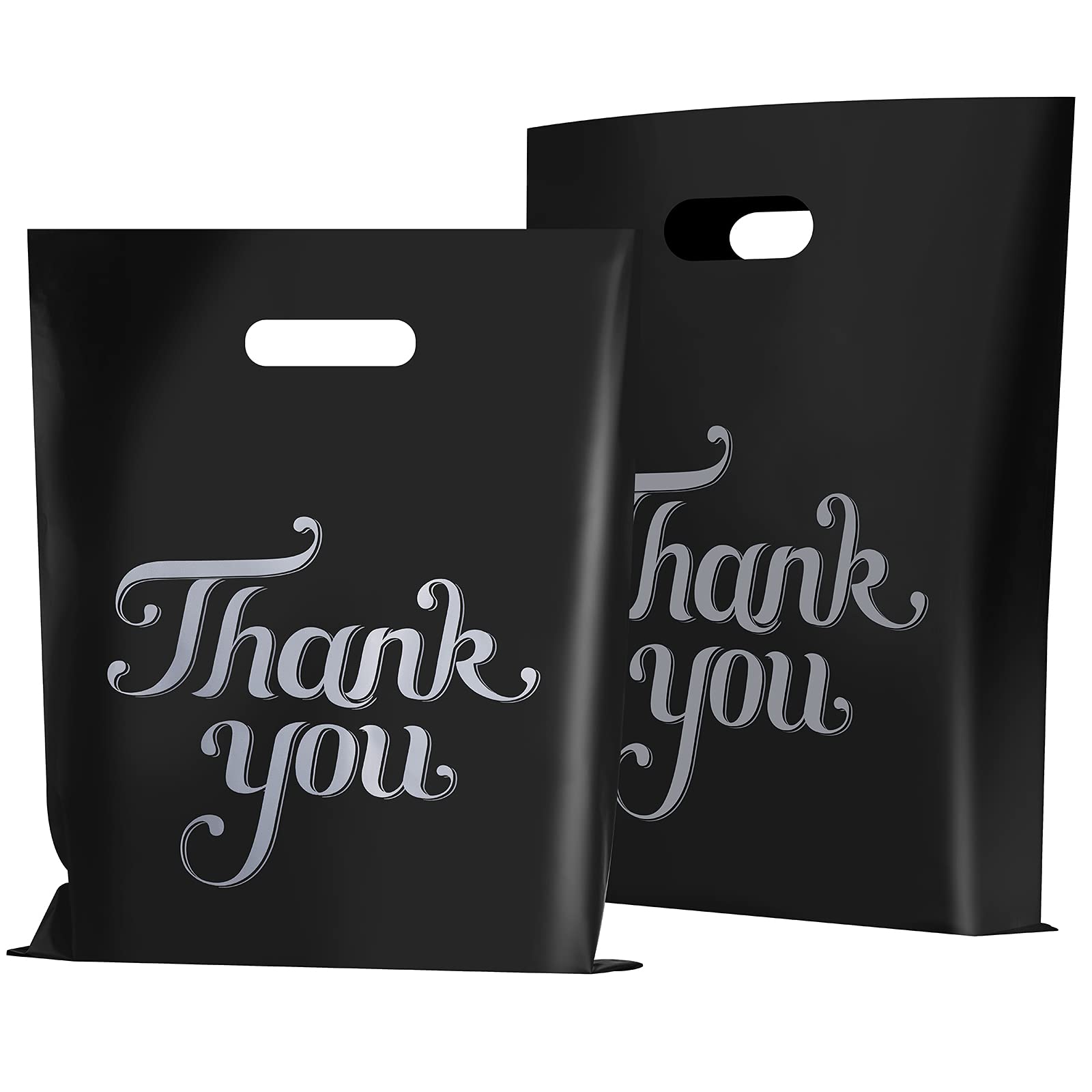 FloraSea 100-Pack Black 12x15 Inch Reusable Thank You Bags with Handles - Premium Merchandise Shopping Bags for Retail, Boutique, Party Favors, Gift Wrapping & Clothing Storage - Eco-Friendly Plastic Goodie Bags for Business & Events