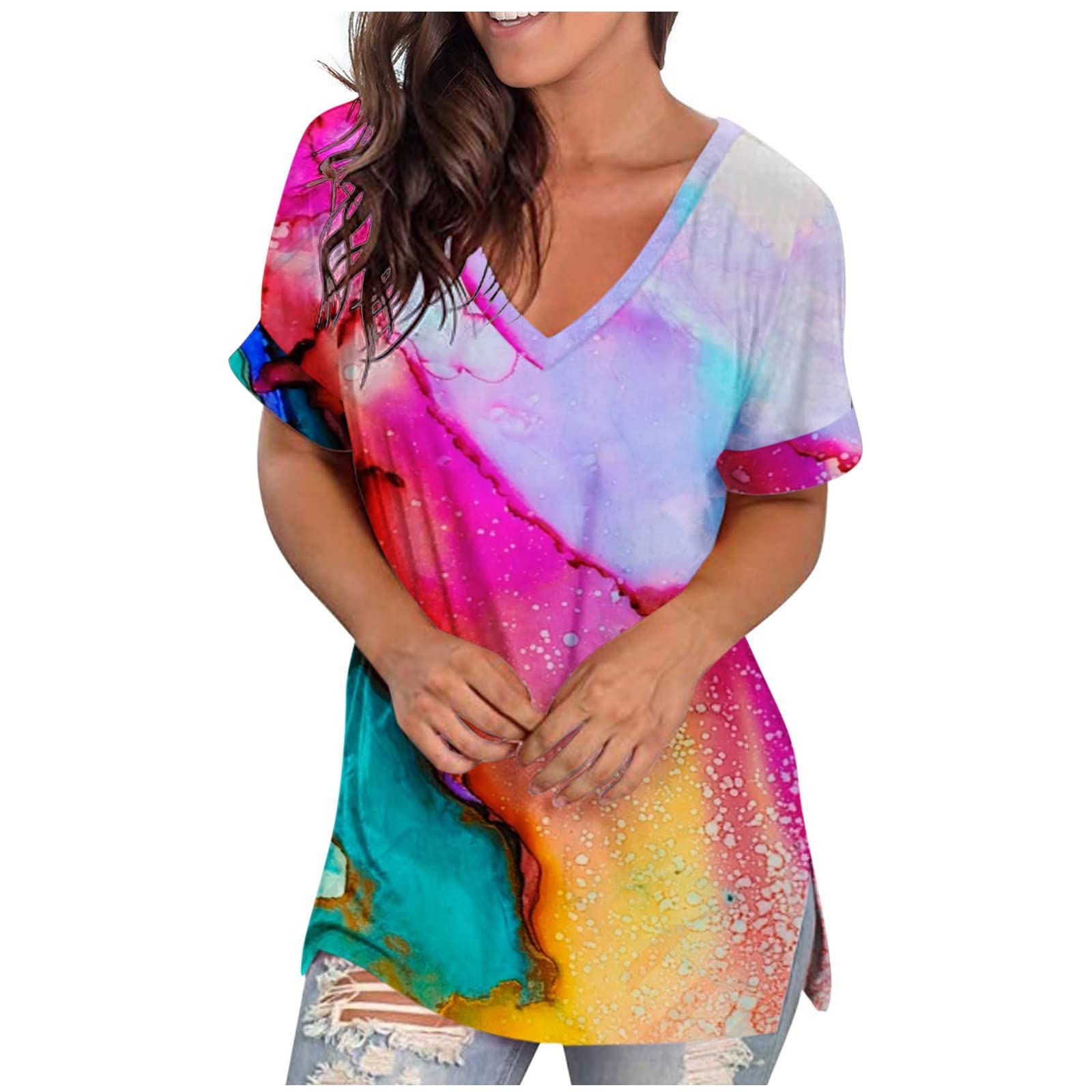 Women's Summer Tunic Blouses - V Neck Casual Short Sleeve Tops, Trendy Striped Colorful Graphic Tees & Loose Shirts for Beach, Vacation & Everyday Wear