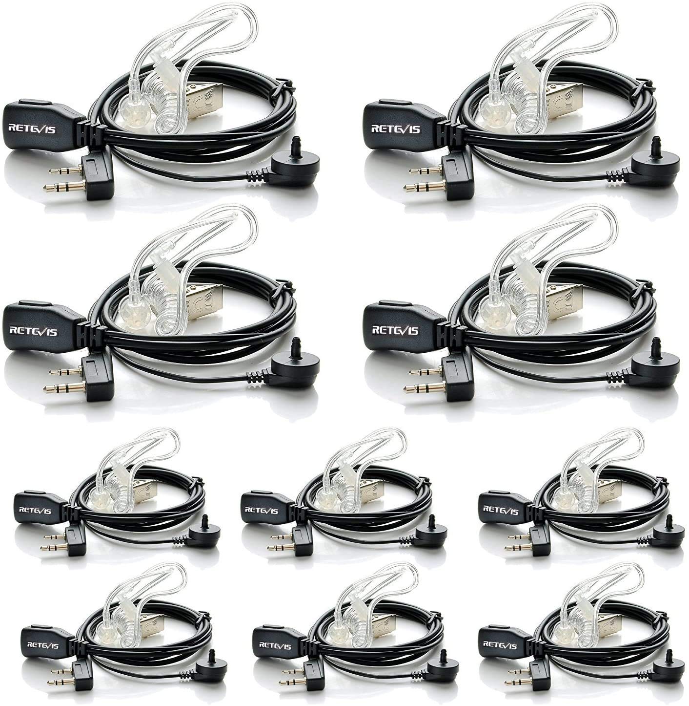 10 Pack Retevis Walkie Talkie Earpiece with Microphone - 2 Pin Acoustic Tube Headset Compatible with Baofeng UV-5R, Retevis H-777, RT21, RT22 & Arcshell AR-5 Two Way Radios - Perfect for Security, Construction & Outdoor Activities